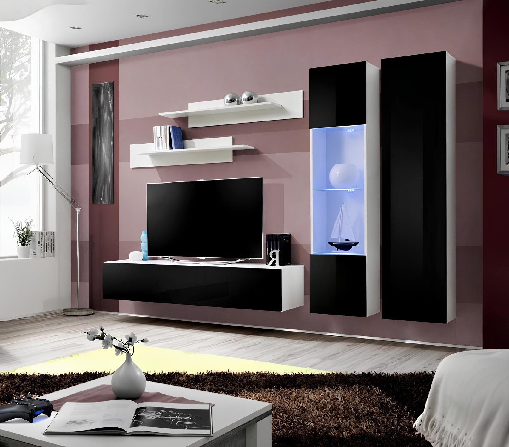 Xlmoebel Wohnwand 5-teiliges Set TV-Ständer Wandregal Hänge Vitrine Modern, Made in Europa