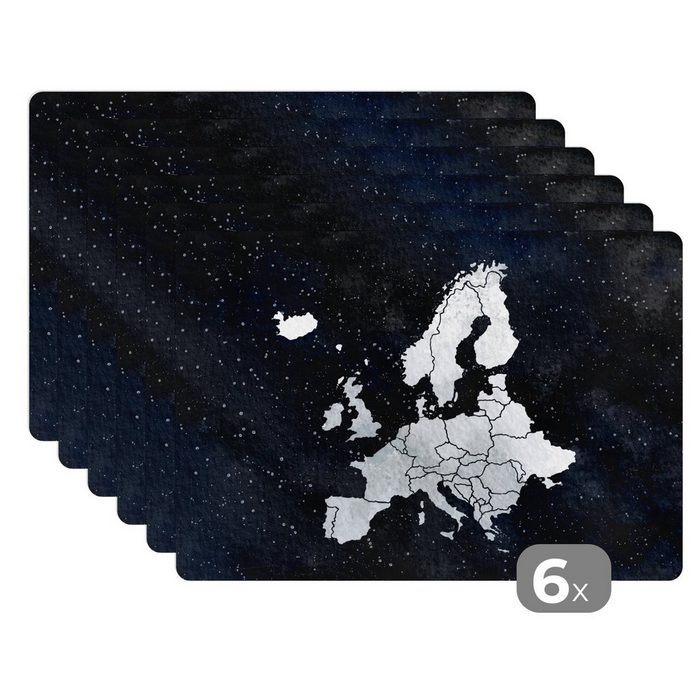 Platzset Karte Europa - Sternenhimmel - Aquarell MuchoWow (6-St) Platzset Platzdecken Platzmatte Tischmatten Schmutzabweisend