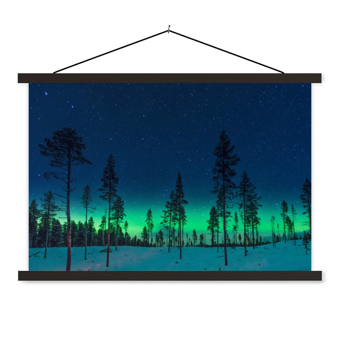 Poster Nordlicht - Schnee - Bäume - Natur - Grün