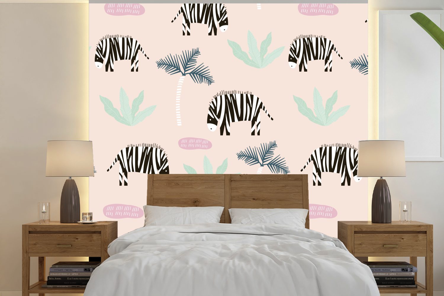 Pastell bedruckt, oder Wohnzimmer Muster, - (5 Tapete MuchoWow Schlafzimmer, St), Matt, Wandtapete Fototapete - - Palme Vinyl Zebra für