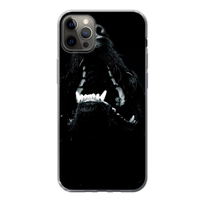 MuchoWow Handyhülle Tierprofil Hund mit offenem Maul in schwarz und weiß Handyhülle Apple iPhone 13 Pro Max Smartphone-Bumper Print Handy