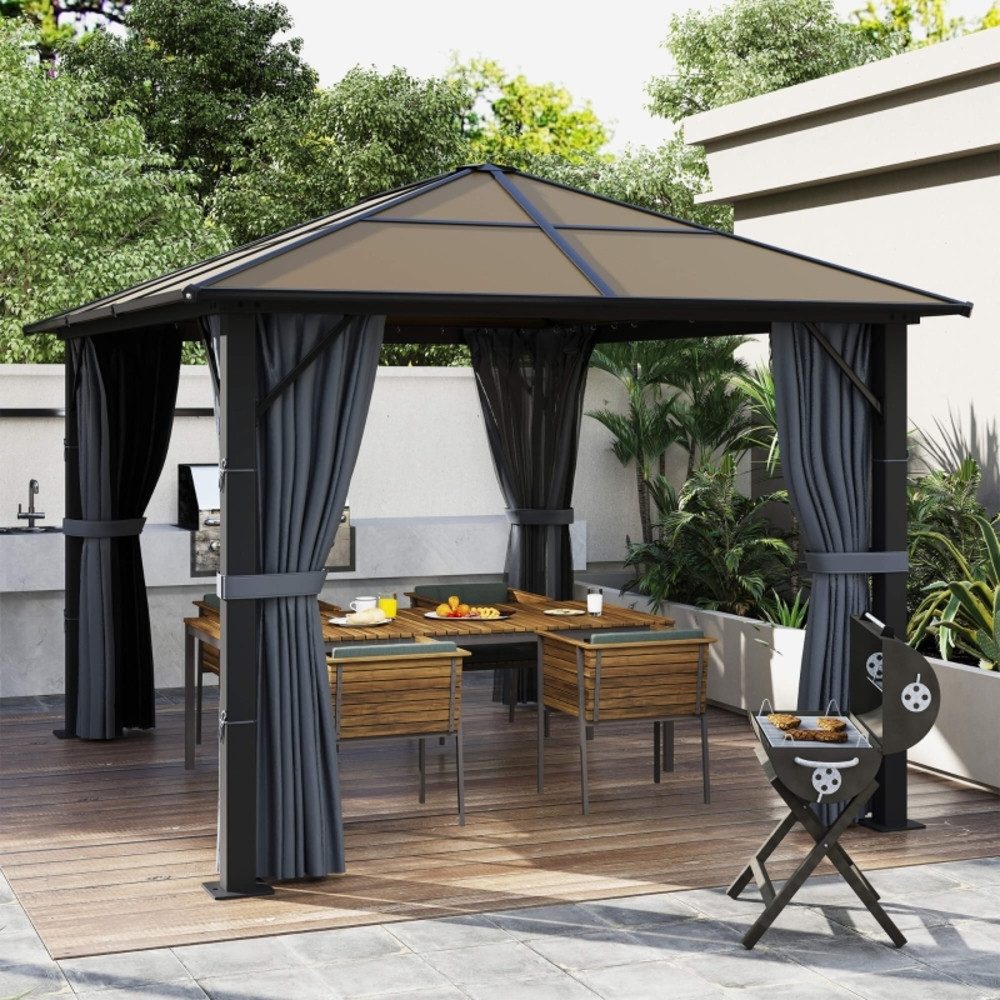 CHICFURN Pavillon Gartenüberdachung mit Polycarbonatdach und Alugestell, (Packung), Mit Vorhängen und Fliegennetz, geeignet für Terrasse, 3x3 m, Grau
