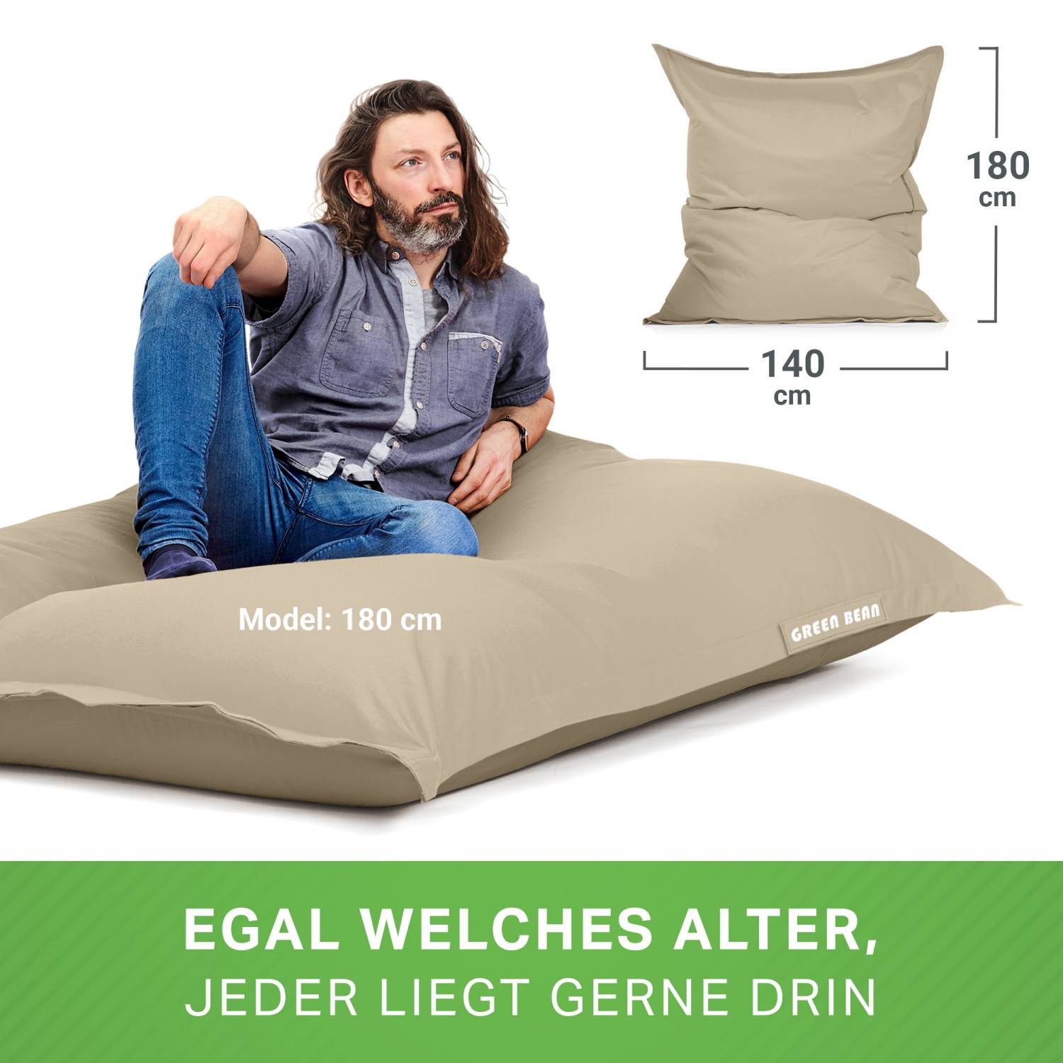 Green Bean Sitzsack XXL Outdoor Sitzsack Square 140x180cm (XXL Riesensitzsack 140x180cm 380 Liter Kinder & Erwachsene Bean Bag EPS Perlen Füllung, Groß Draußen  – Bild 5 von 5