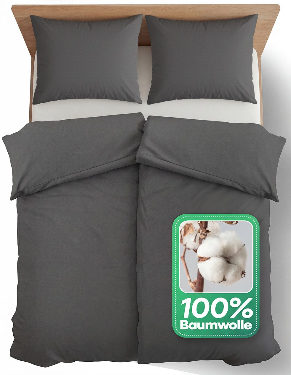 Slummer Bettwäsche Baumwolle Set 4teilig Gr. 135x200 oder 155x220 cm anthrazit grau uni, Baumwolle, 4 teilig, incl. Kissenbezug 80x80, YKK-Reißverschluss, Sommerbettwäsche