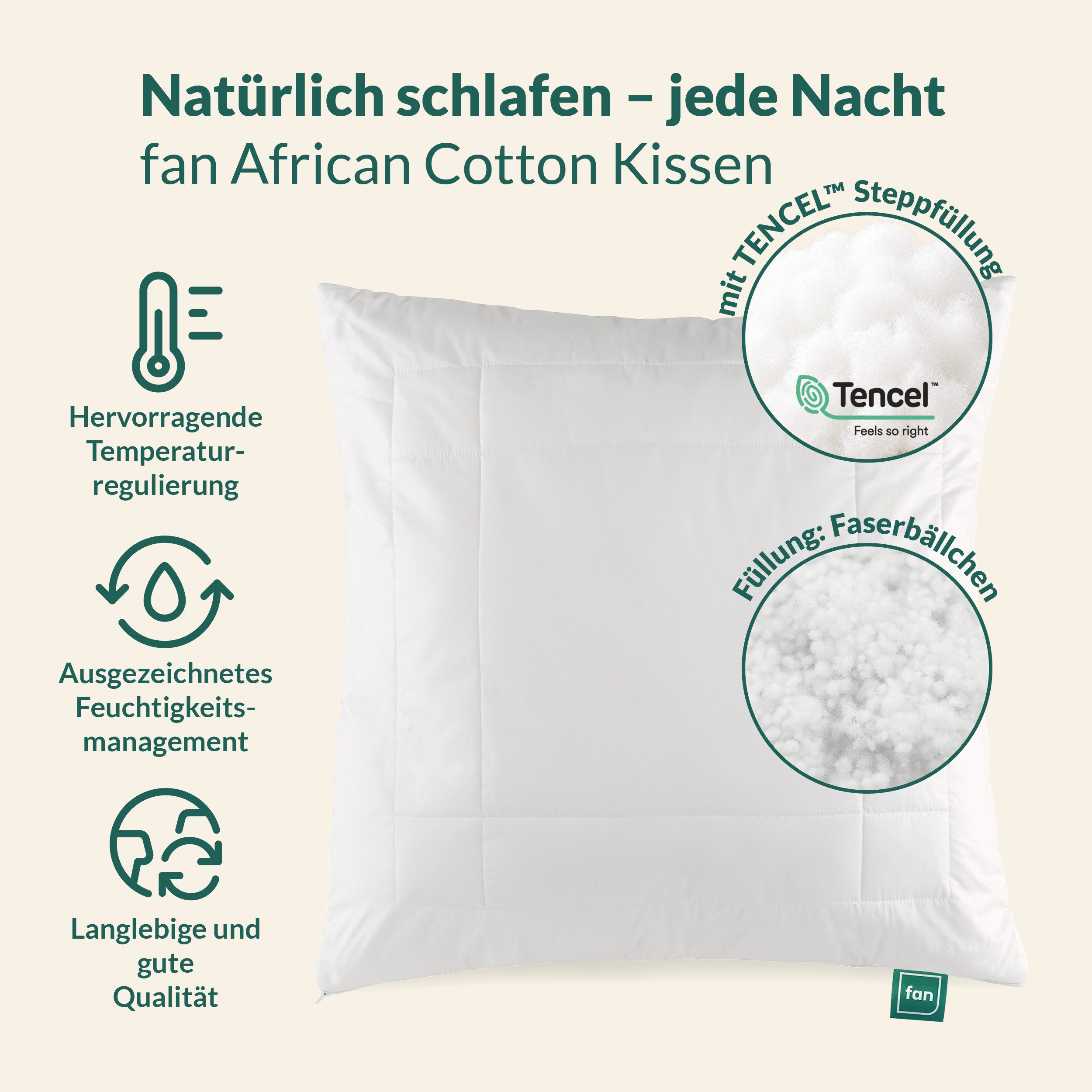 fan Kopfkissen African Cotton, 40x80 & 80x80 cm, Füllung: 60% Polyester / 40% Lyocell (Tencel), Bezug: 100% Bio Baumwolle, Kopfkissen mit hochwertigem Baumwollb – Bild 2 von 5