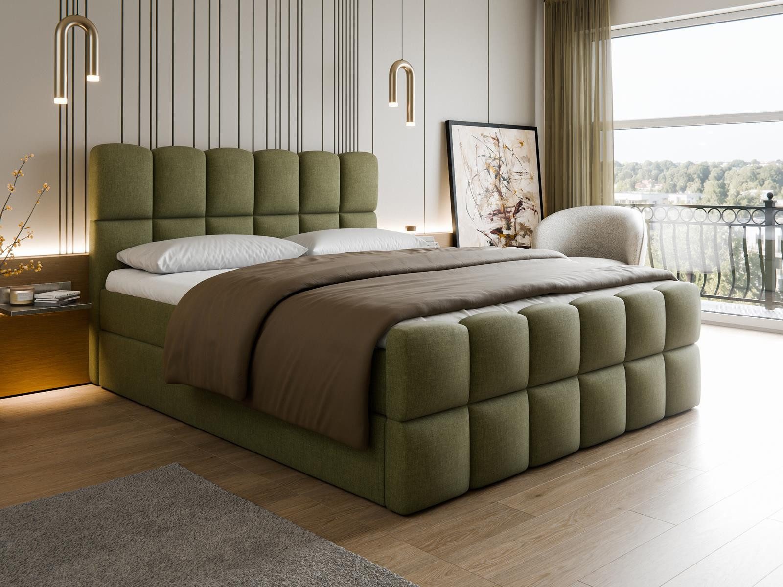 Compleo Boxspringbett "ARIA" Kontinentalbett im Wolkenbett-Design (von 120 bis 200x200 cm), gepolstertes Doppelbett mit hohem Kopfteil, Bonell H3