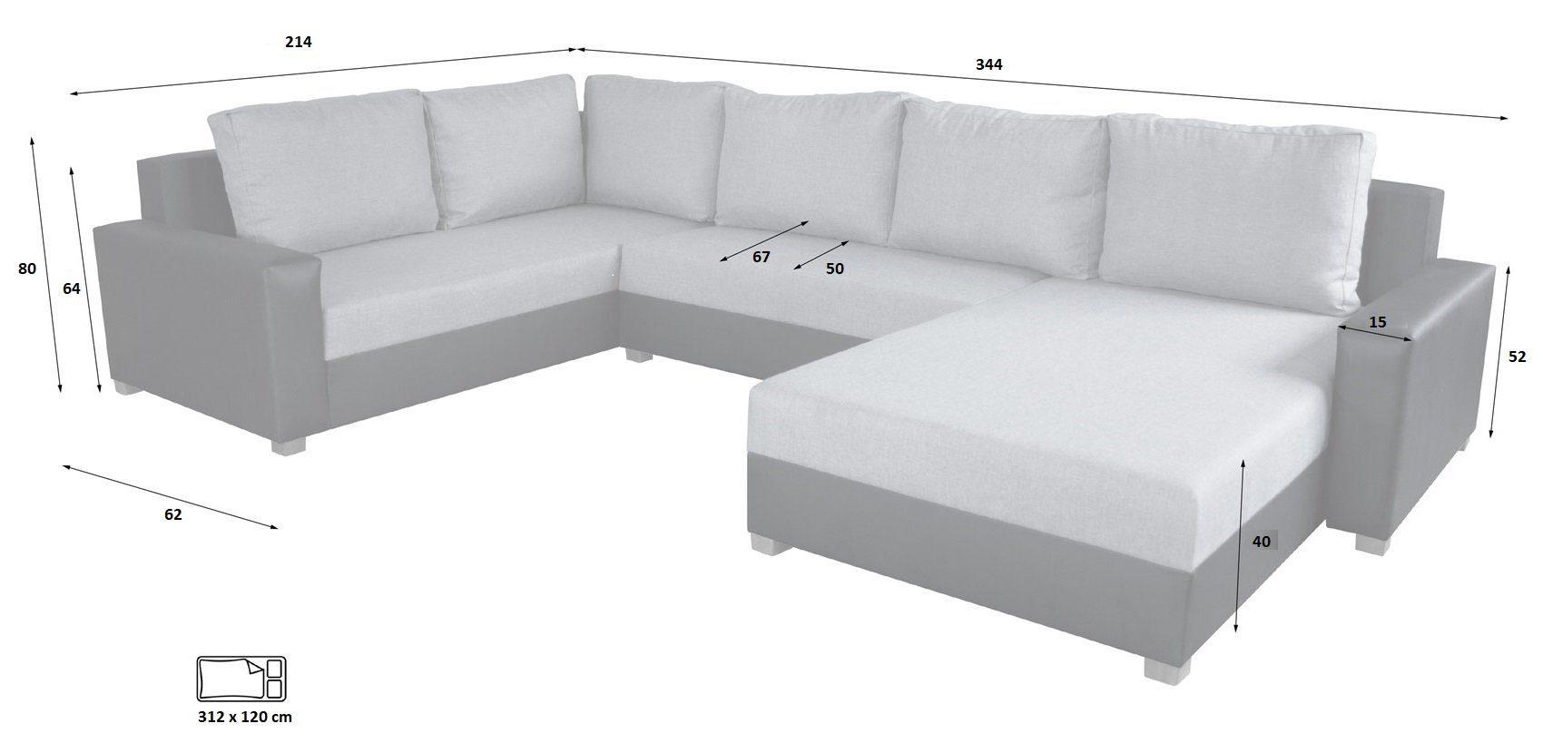 Fun Möbel Wohnlandschaft Couchgarnitur GRADO mit Schlaffunktion Ottomane Links oder Rechts, inkl. 6 Rückenkissen mit Reißverschluss, Inkl. Bettkasten