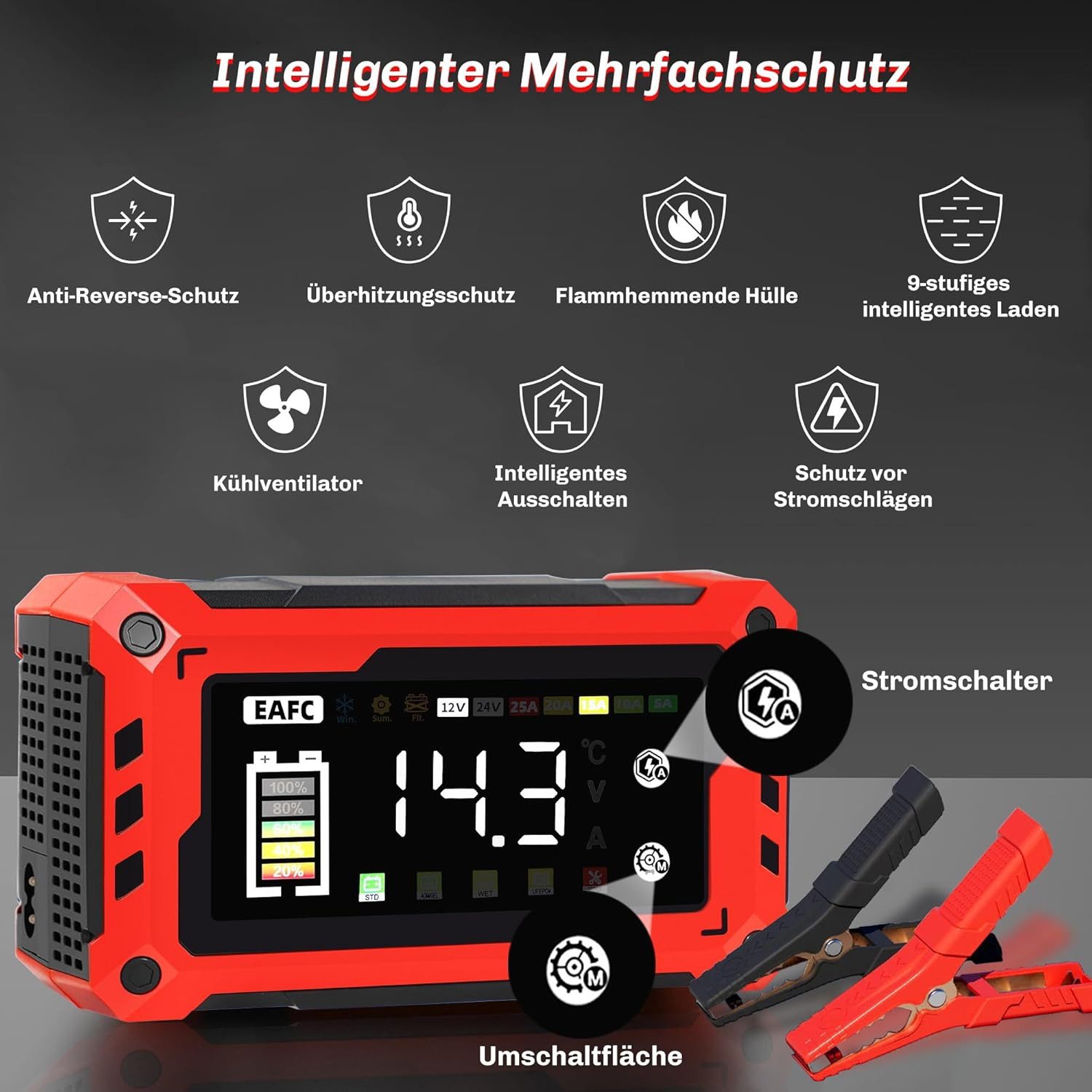 Athlix Ladegerät für Autobatterie 15A, Starthilfe Schnellladung Auto Motorrad Autobatterie-Ladegerät (9-Stufen-Ladesystem, breite Kompatibilität, Blei-Säure, AG – Bild 4 von 5