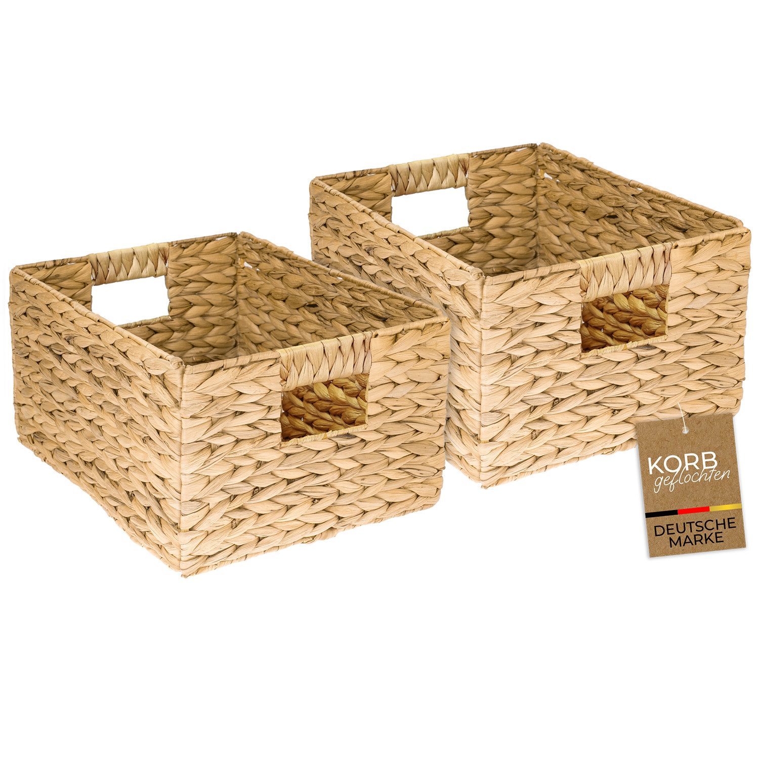 HMF Aufbewahrungskorb Aufbewahrungskorb geflochten aus Wasserhyazinthe Korb mit Tragegriffen (2 St., 2er Set), für Bad, Küche und Wohnbereich, Größe L, 36 x 28 x 20 cm, Naturfarben