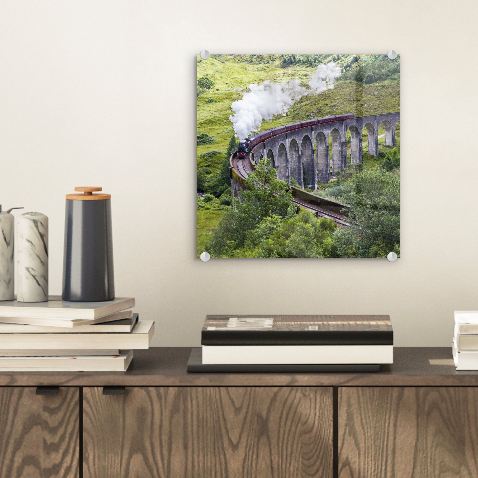 Wanddekoration - Foto St), Bilder Glas Eisenbahnbrücke auf hohen großen - MuchoWow - steinerne Eine Wandbild auf (1 Glas mit Acrylglasbild Glasbilder Bögen,