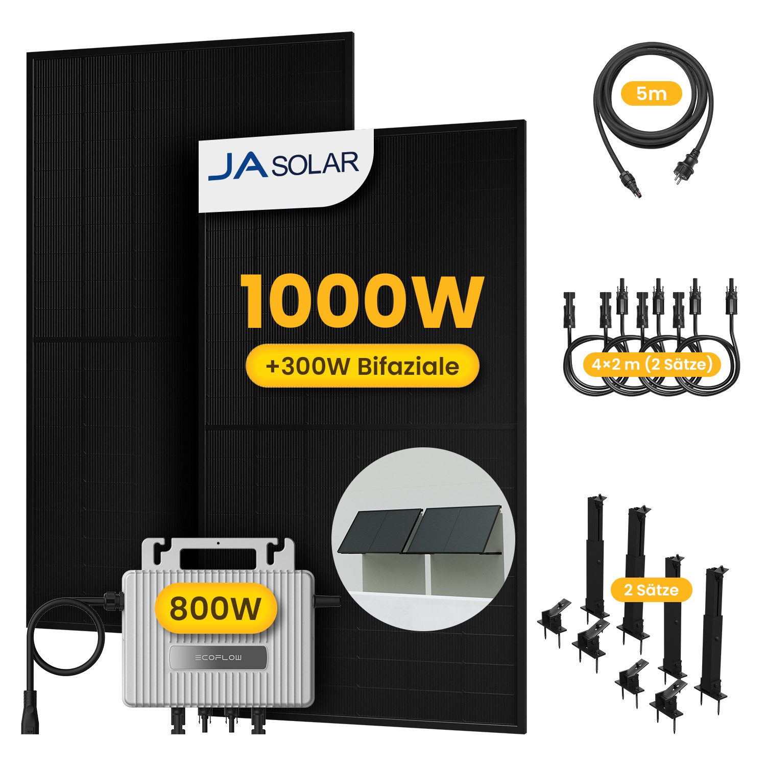 Ecoflow Balkonkraftwerk 1000W Solaranlage, Module mit 800W EcoFlow Wechselrichter, Halterung, (2xJASolar 500Wp und 4x2m Verlängerungskabel im Lieferumfang enthalten)