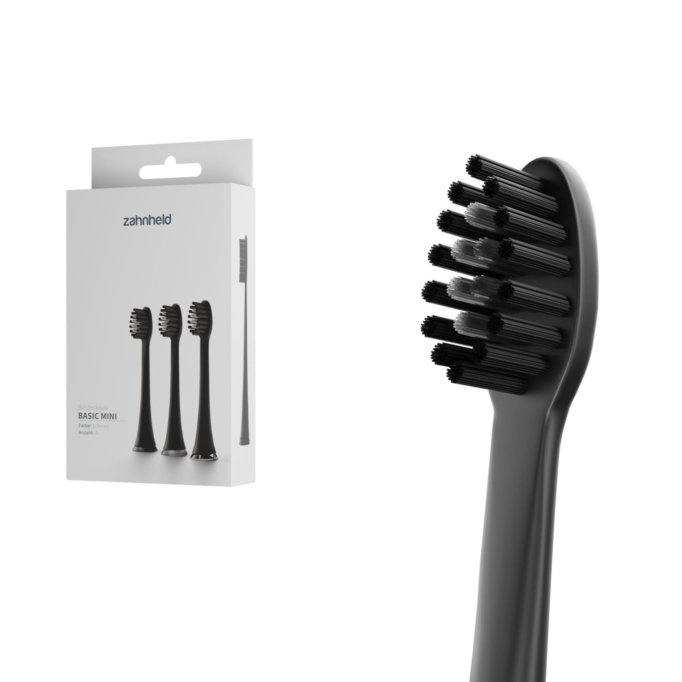 Zahnheld Aufsteckbürsten Ersatzbürsten Basic Mini für Kinder - ideal für Schallzahnbürste Gero, im 3er, 6er oder 9er Set, Зубные щетки Set, schmale Wechselköpfe, plastikfrei verpackt, 3 Stück, schwarz