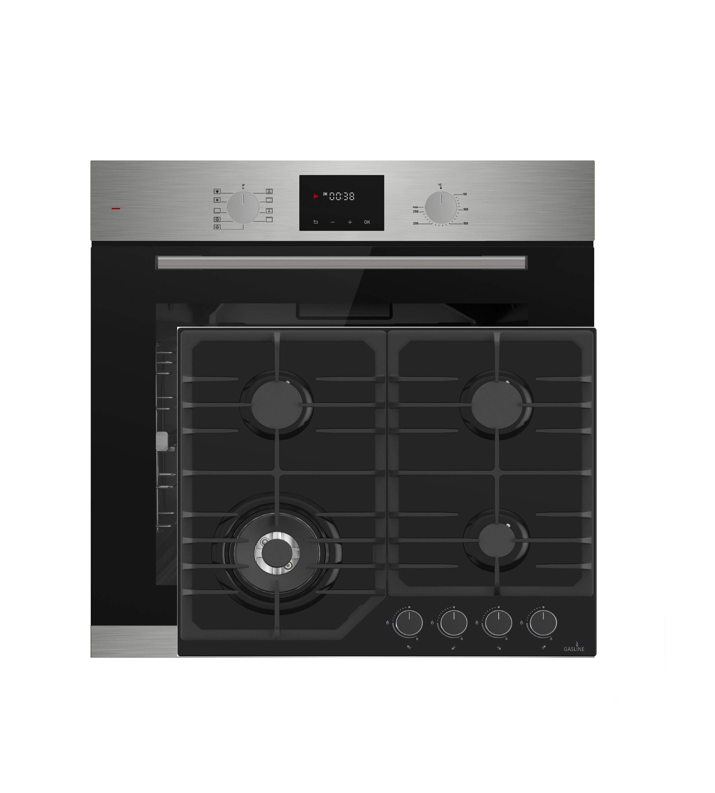 Böhmer Leuchten Elektro-Herd-Set Böhme Einbauherdset HB60F78PPX+Gaskochfeld 60cm Schwarz 4Brennern WOK
