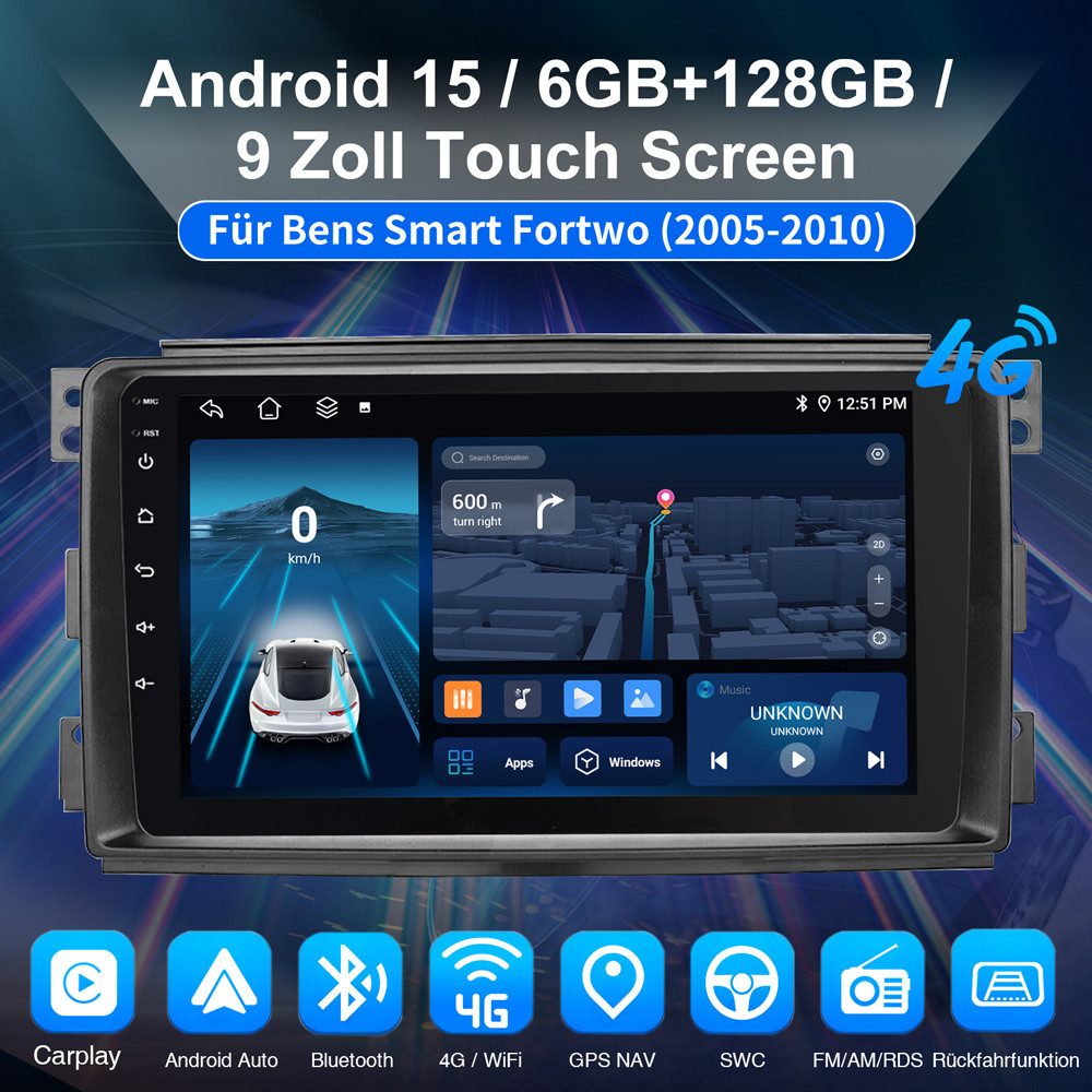 ESSGOO Für Mercedes Benz Smart Fortwo 451 2005-2015 Android 15 6+128G 8-Kern Navigationsgerät (Carplay Android Auto GPS Bluetooth FM AM RDS WIFI)