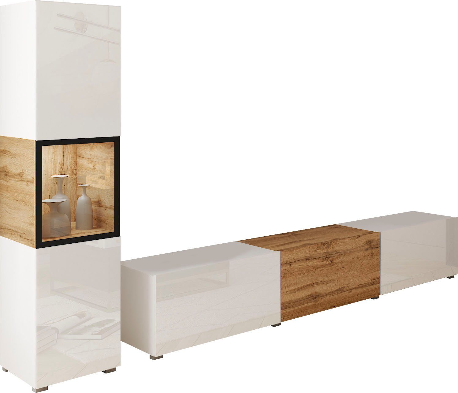 Home affaire Wohnwand BERLIN I, Vitrine Türschlag links/rechts wechselbar, (Komplett-Set, 2-St), moderne grifflose Mediawand Breite 220 cm, Vitrine mit Verglasung