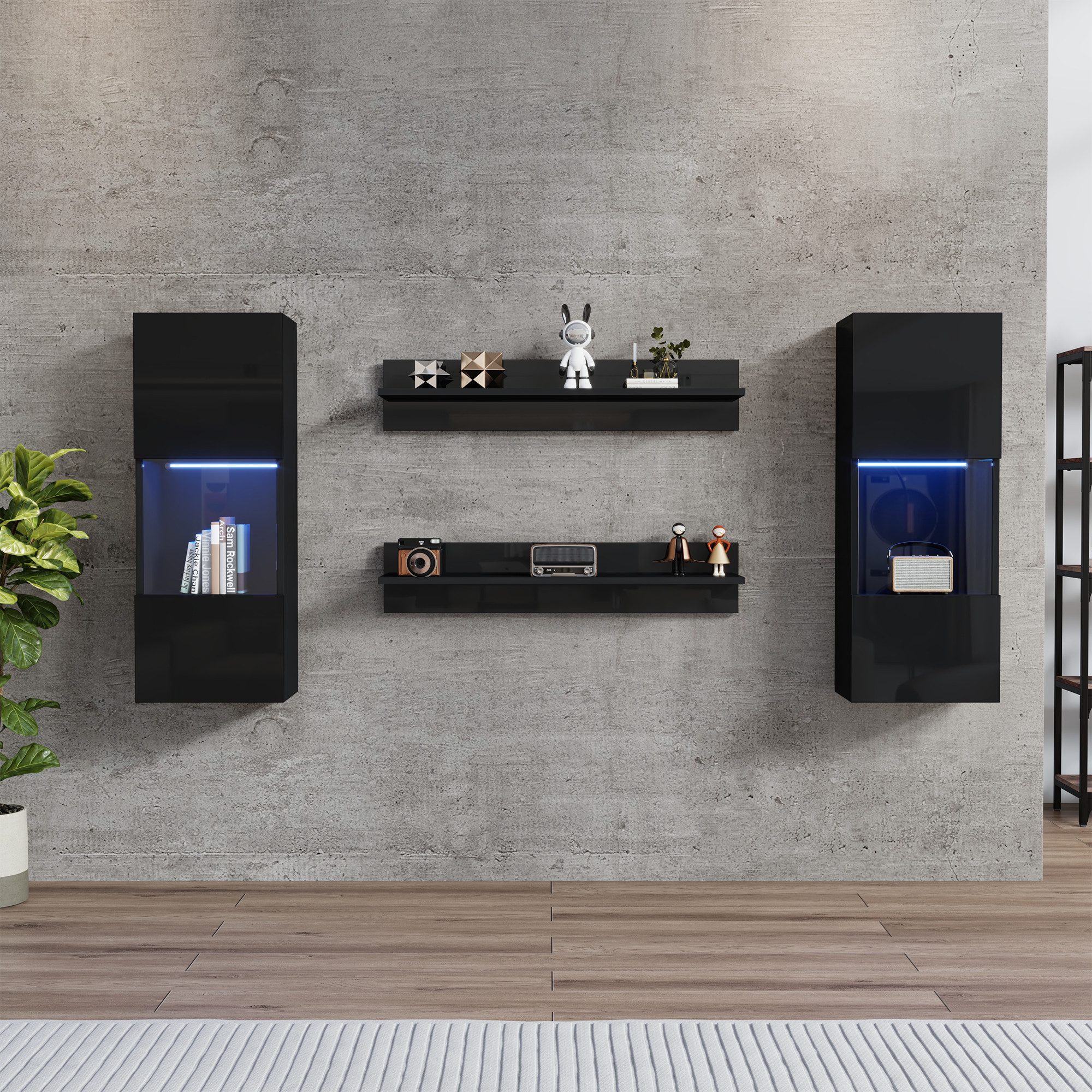 KLAM HOME Wandregal Wandregal 4er Sett, LED-Wandschrank und 2 Regale, Hochg günstig online kaufen