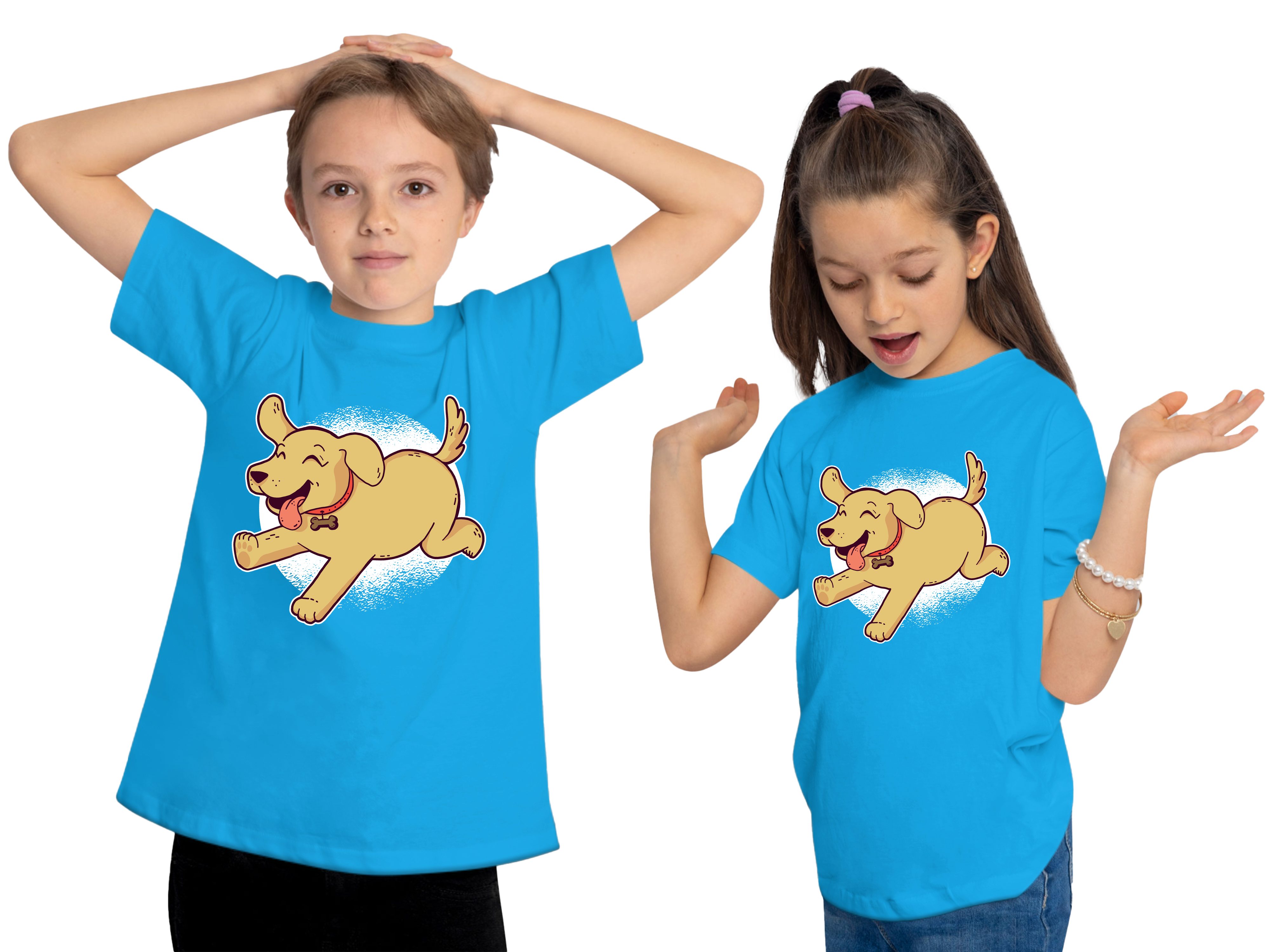 aqua Hunde T-Shirt Kinder bedruckt MyDesign24 Shirt Aufdruck, mit Spielender Labrador i248 blau Welpe - Print Baumwollshirt