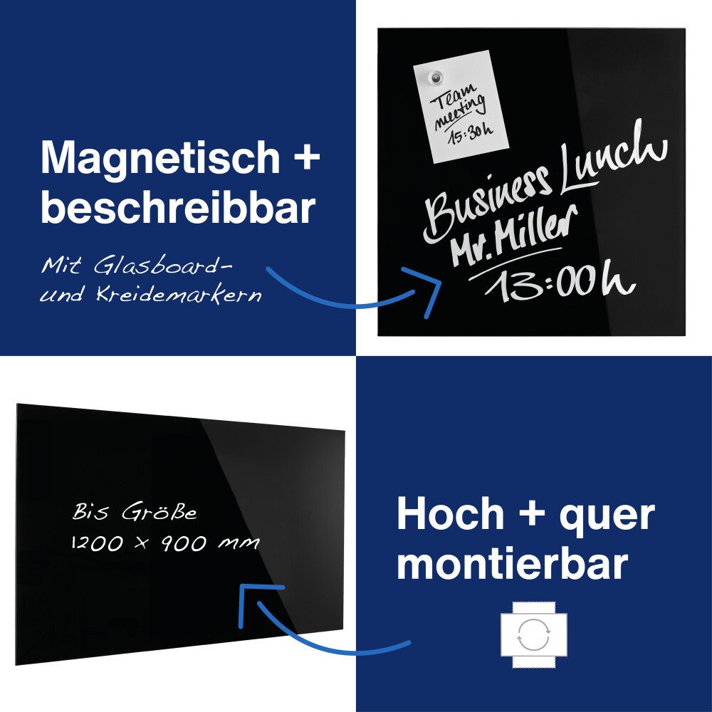 magnetoplan® Anzeigetafel Design Glas-Magnettafel - 150x100 - magnetisch/beschreibbar - Schwarz (1-St)