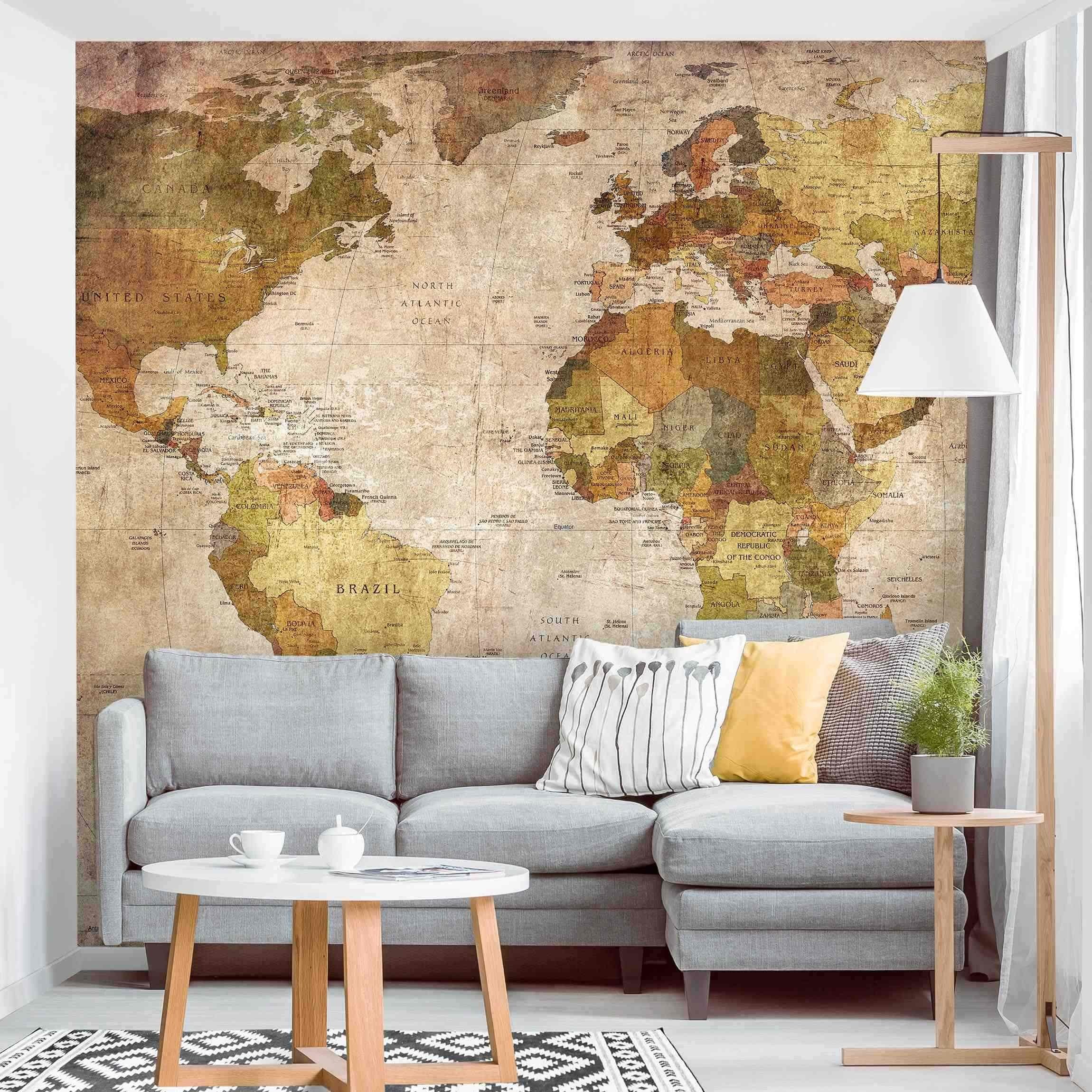 Bilderdepot24 Fototapete Weltkarte Vintage Rustikal Beige Braun Wanddeko Landhausstil, Glatt, Matt, (Vliestapete inkl. Kleister oder selbstklebend), Wohnzimmer Schlafzimmer Küche Flur Motivtapete Vliestapete Wandtapete