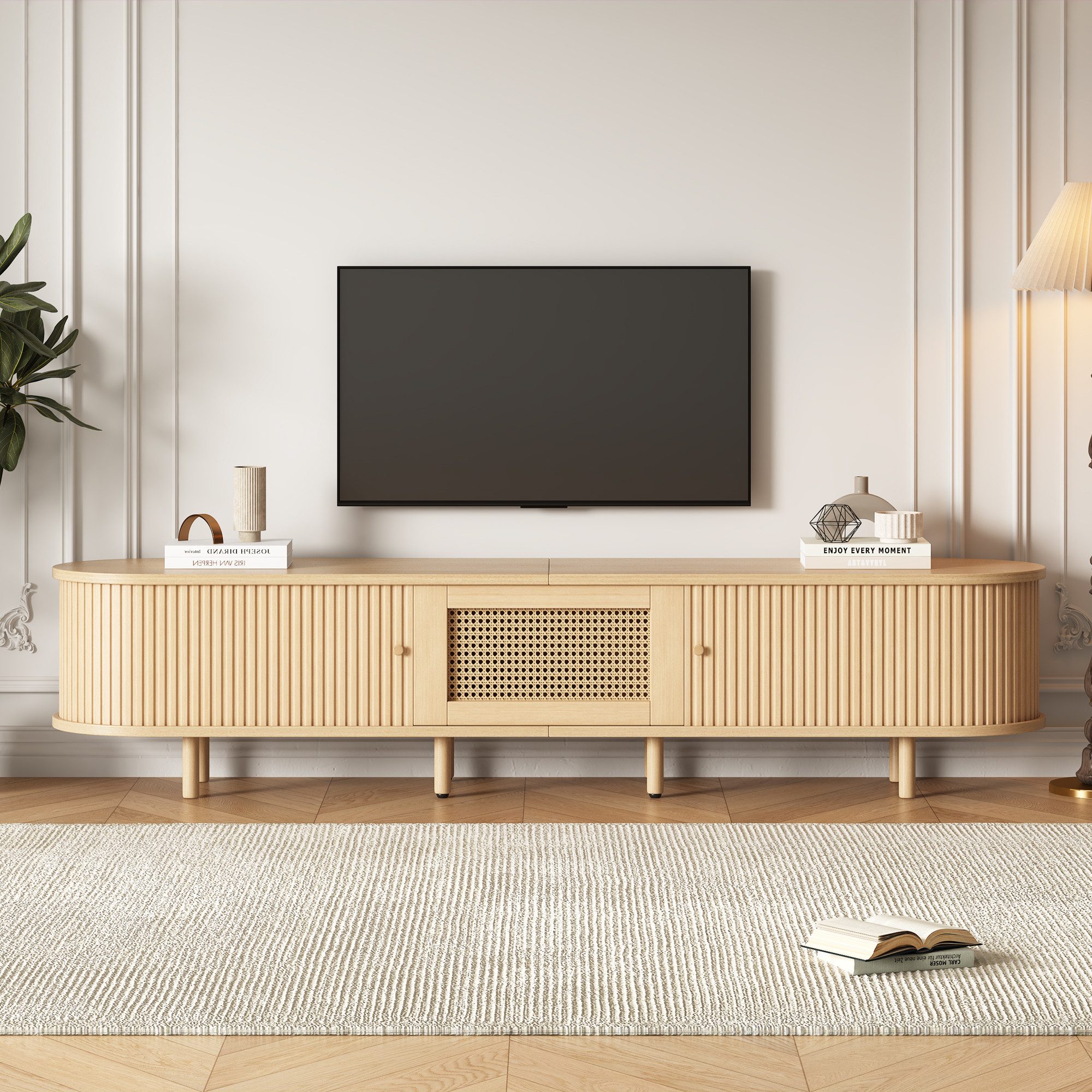 Merax Lowboard Ovaler TV-Schrank mit goldenen Griffen & Rattan-Design in Walnuss (1 St., 180x40x40 cm), TV-Lowboard mit Schublade Schiebetüren & verstellbaren Massivholzfüßen