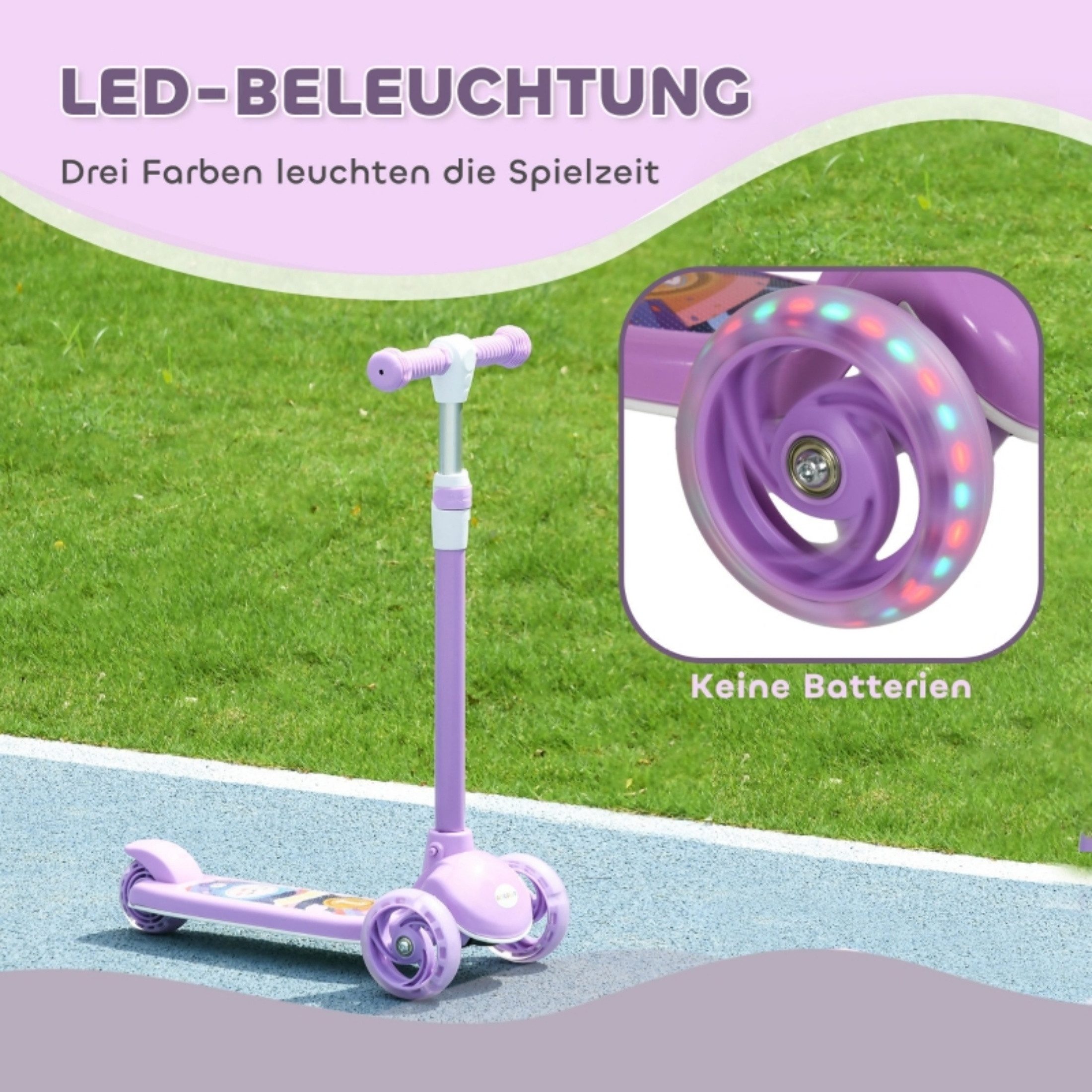 autolock Cityroller Scooter Roller Kinderroller mit LED-Rädern, höhenverstellbar, faltbar, sicherer Tretroller aus Kunststoff/Stahl, Lila, für 2–6 Jahre