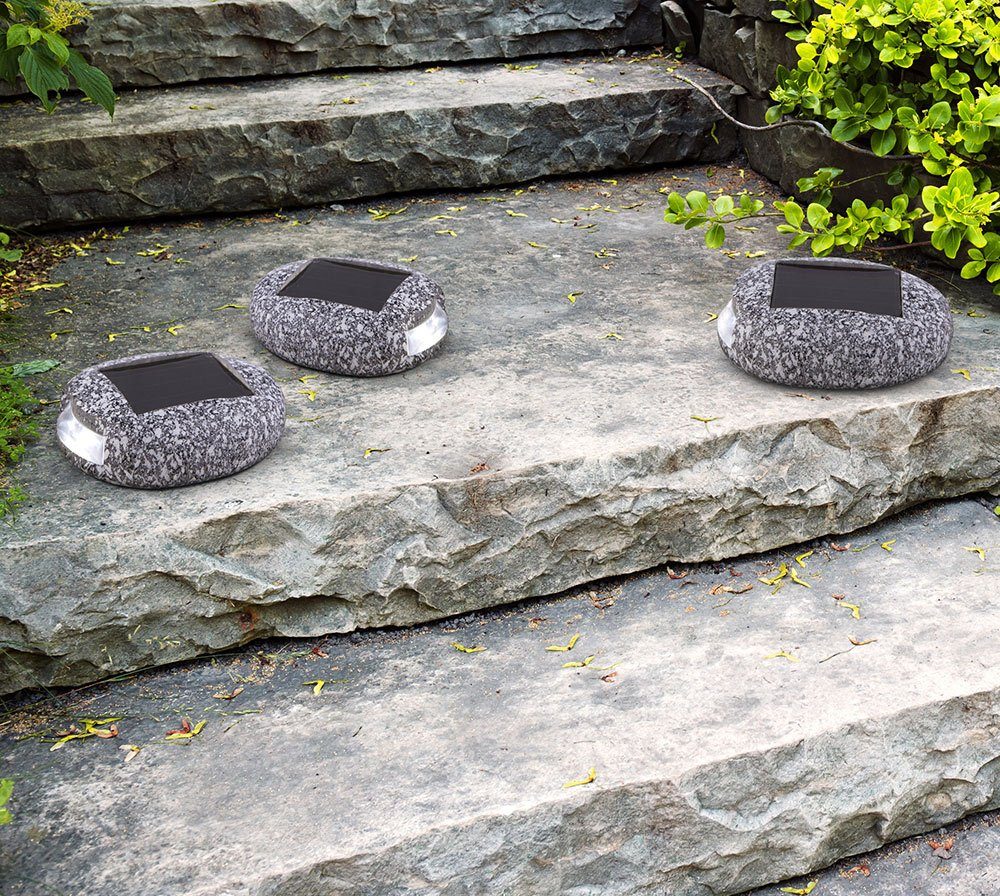 GLOBO LIGHTING Gartenleuchte, LED-Leuchtmittel fest verbaut, Warmweiß, 3er Set LED Solar Außen Lampe Stein Design Deko Lampen Garten Beet Weg