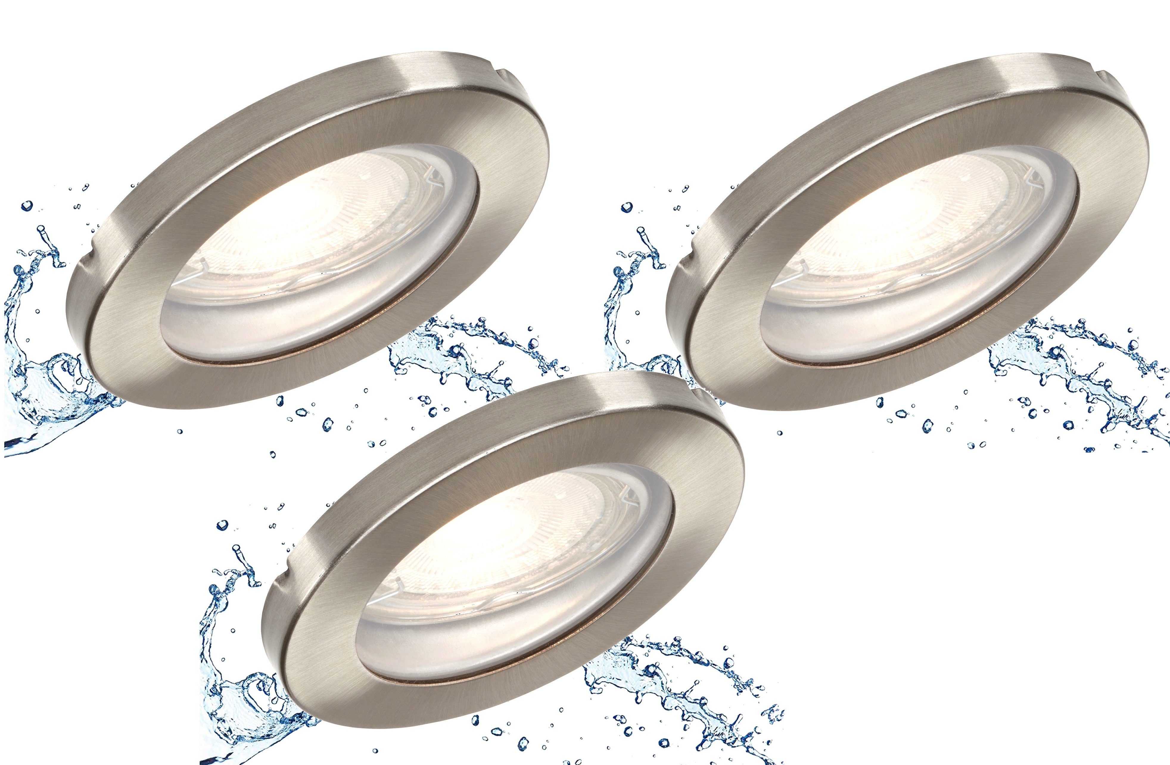 TRANGO LED Einbauleuchte, 3er Set IP65 LED Einbaustrahler 6729IP65-032-5WAK in Edelstahl gebürstet inkl. 3x 5 Watt GU10 LED Leuchtmittel 3000K warmweiß & GU10 Fassung, Außen, Badleuchte, Deckenleuchte, Deckenstrahler