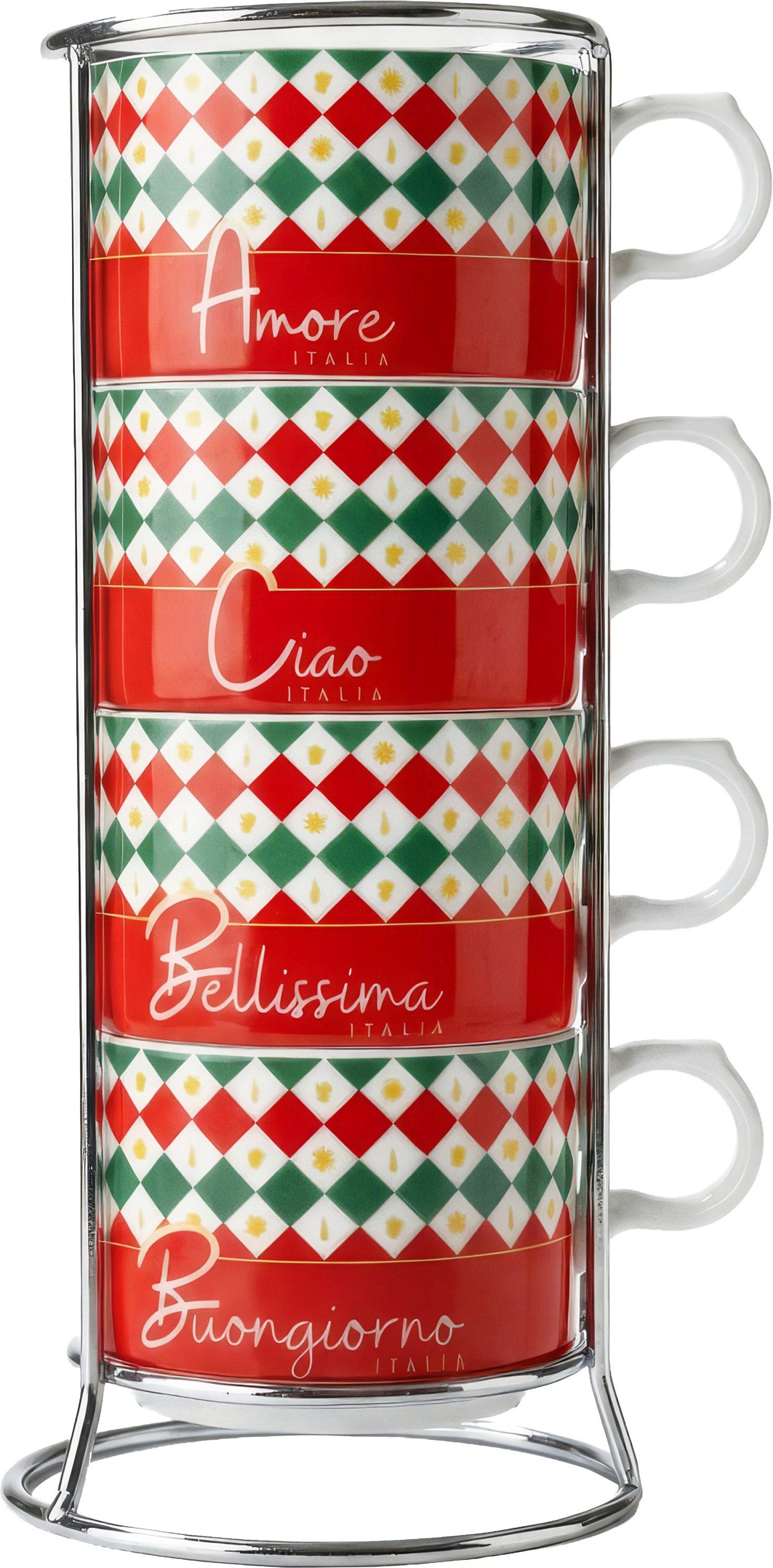 BIALETTI Cappuccinotasse BIALETTI Cappuccino Kaffee Tassen 4'er Set mit Ständer Ciao Italia, Material: Porzellan, Metall