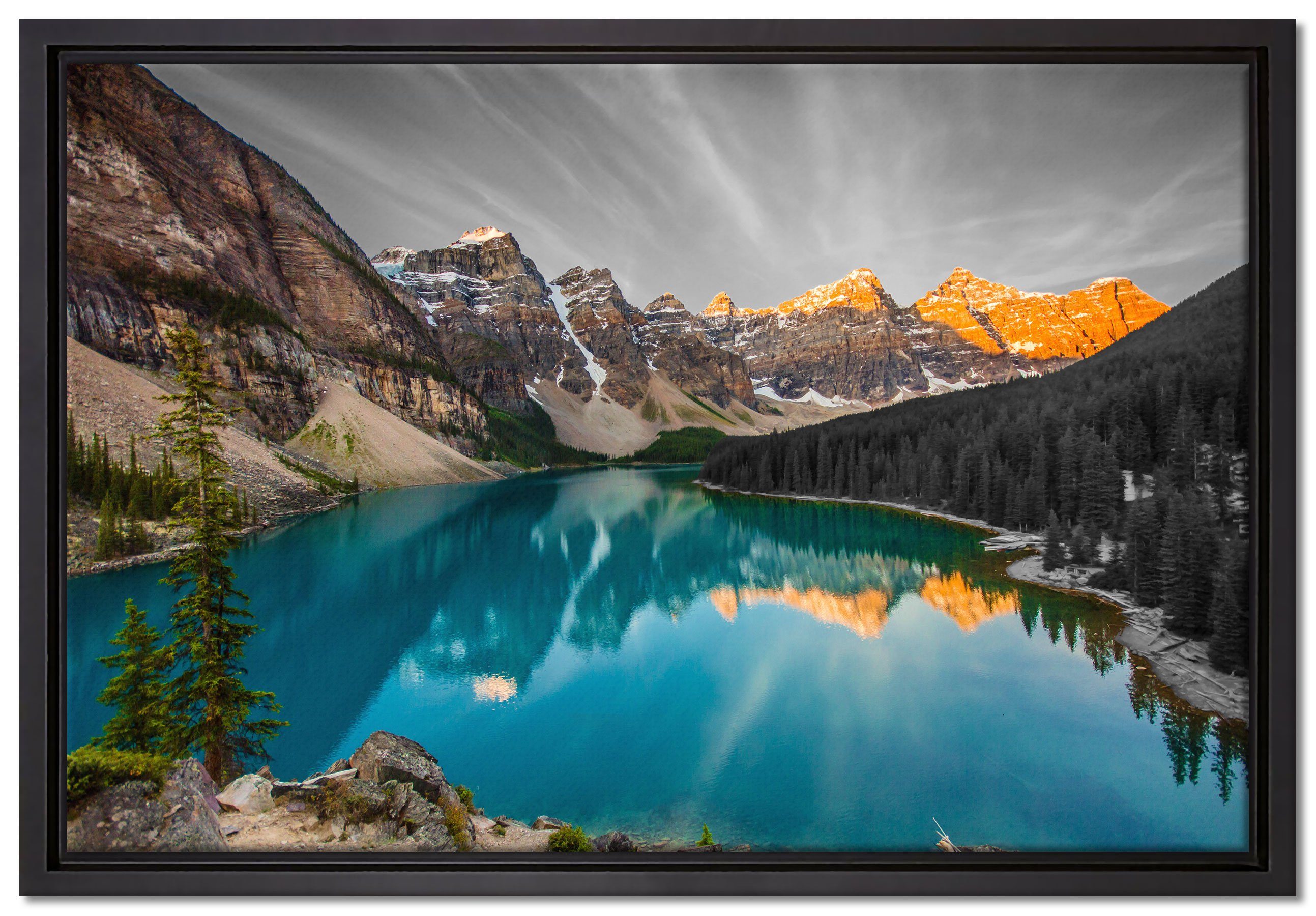 Pixxprint Leinwandbild Moraine Lake in Canada, Wanddekoration (1 St), Leinwandbild fertig bespannt, in einem Schattenfugen-Bilderrahmen gefasst, inkl. Zackenaufhänger