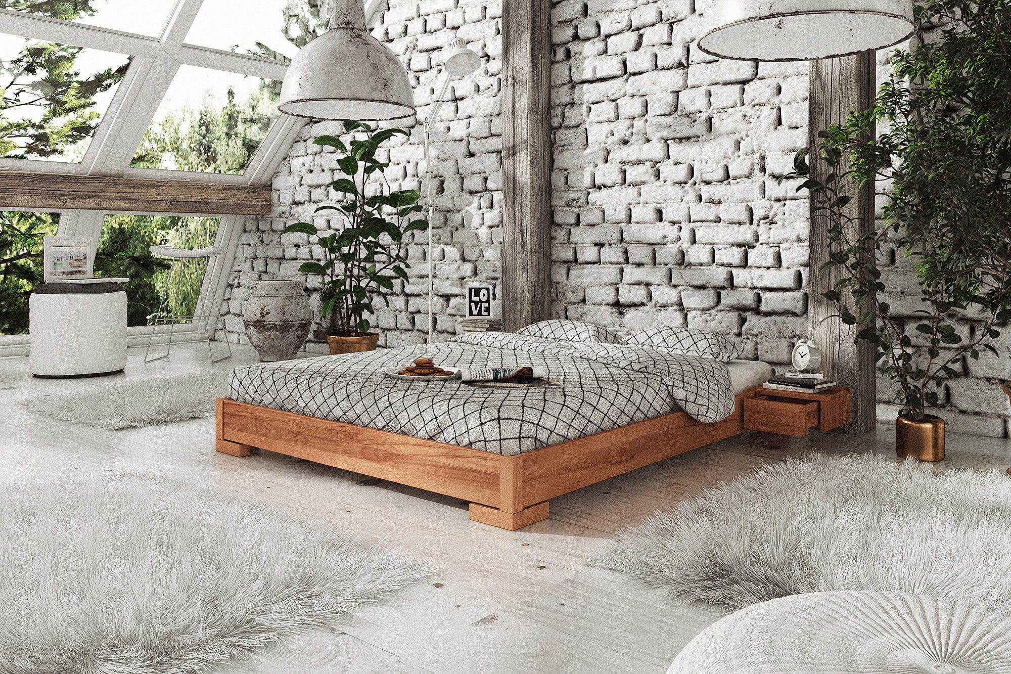 byoak Bett VENTO-E 180 x 220 aus Massivholz, ohne Kopfteil, Naturgeölt