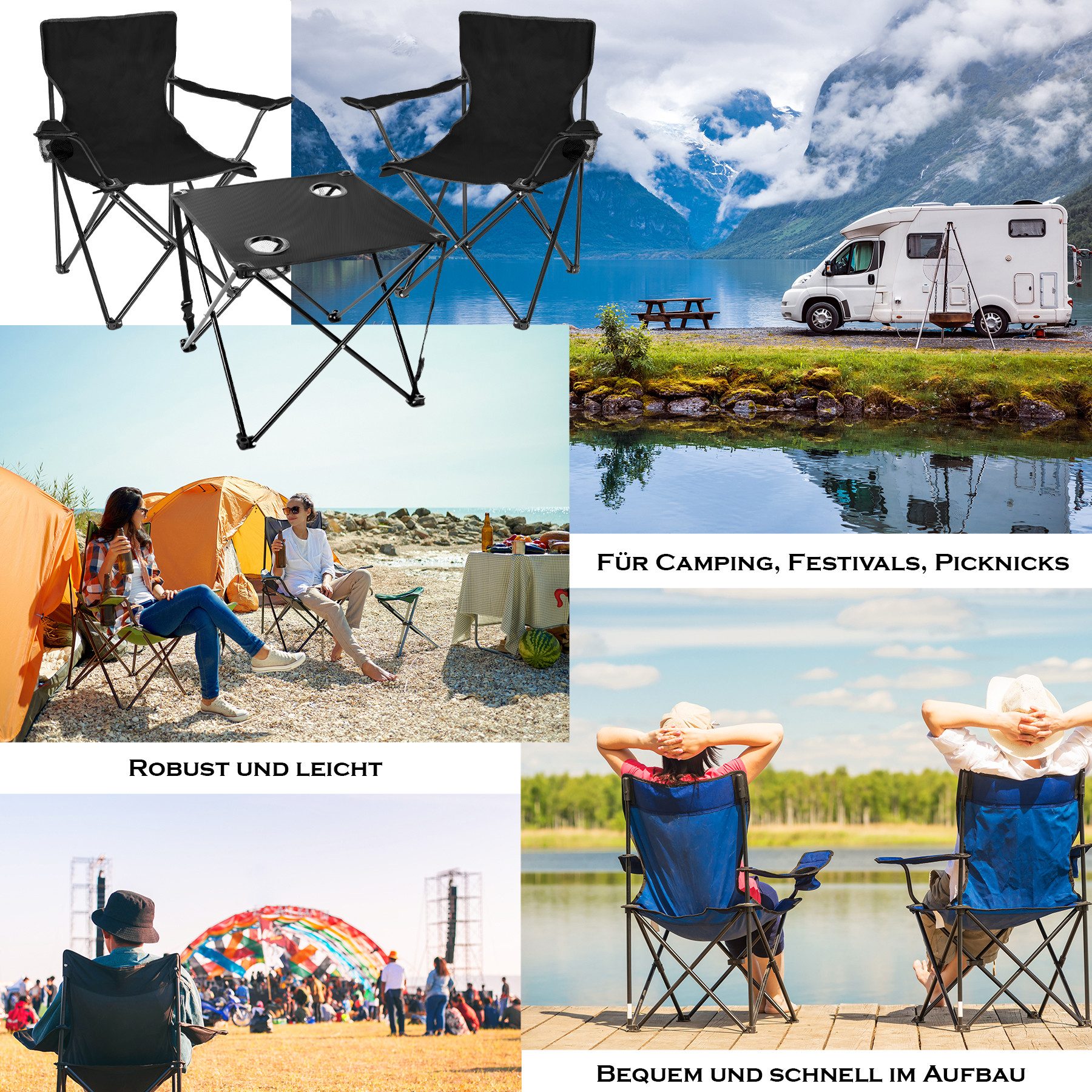 BigDean Campingstuhl 2 Stück Faltstuhl & Campingtisch praktisch & ideal für unterwegs (Set, 3 St), Ideal für Festival, Open-Air, Angeln, Camping