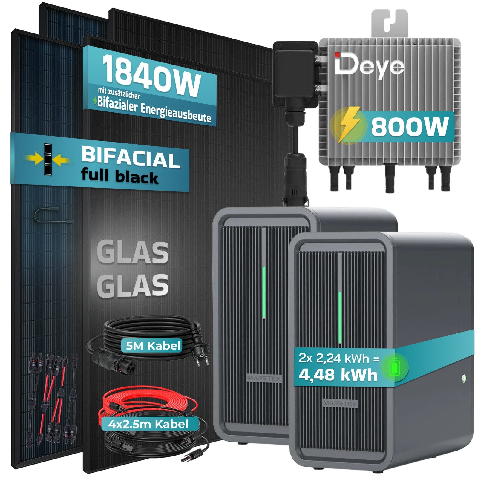 SUNNIVA Balkonkraftwerk 1840W Deye mit 4,48 kWh Speicher Marstek B2500-D, (BIFAZIAL FULLBLACK komplett Steckdose, PV Solaranlage Komplettset mit Solarspeicher,  – Bild 2 von 5