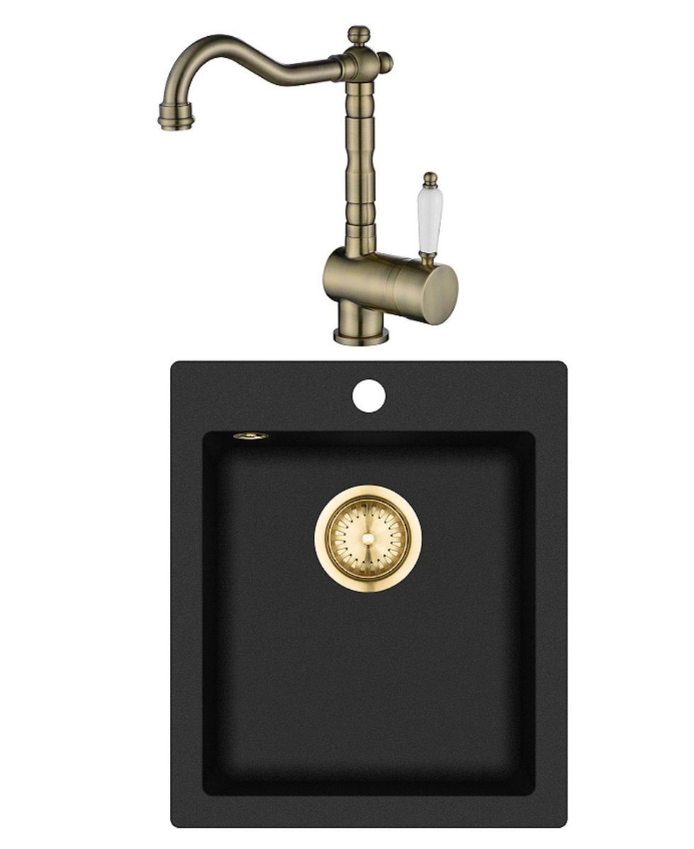 GURARI Küchenspüle SQS 100 -601 Retro+TAP 2473-311, 42.5/50 cm, (2 St), Einbau Granitspüle, Spüle Retro Schwarz+Retro Küchenarmatur