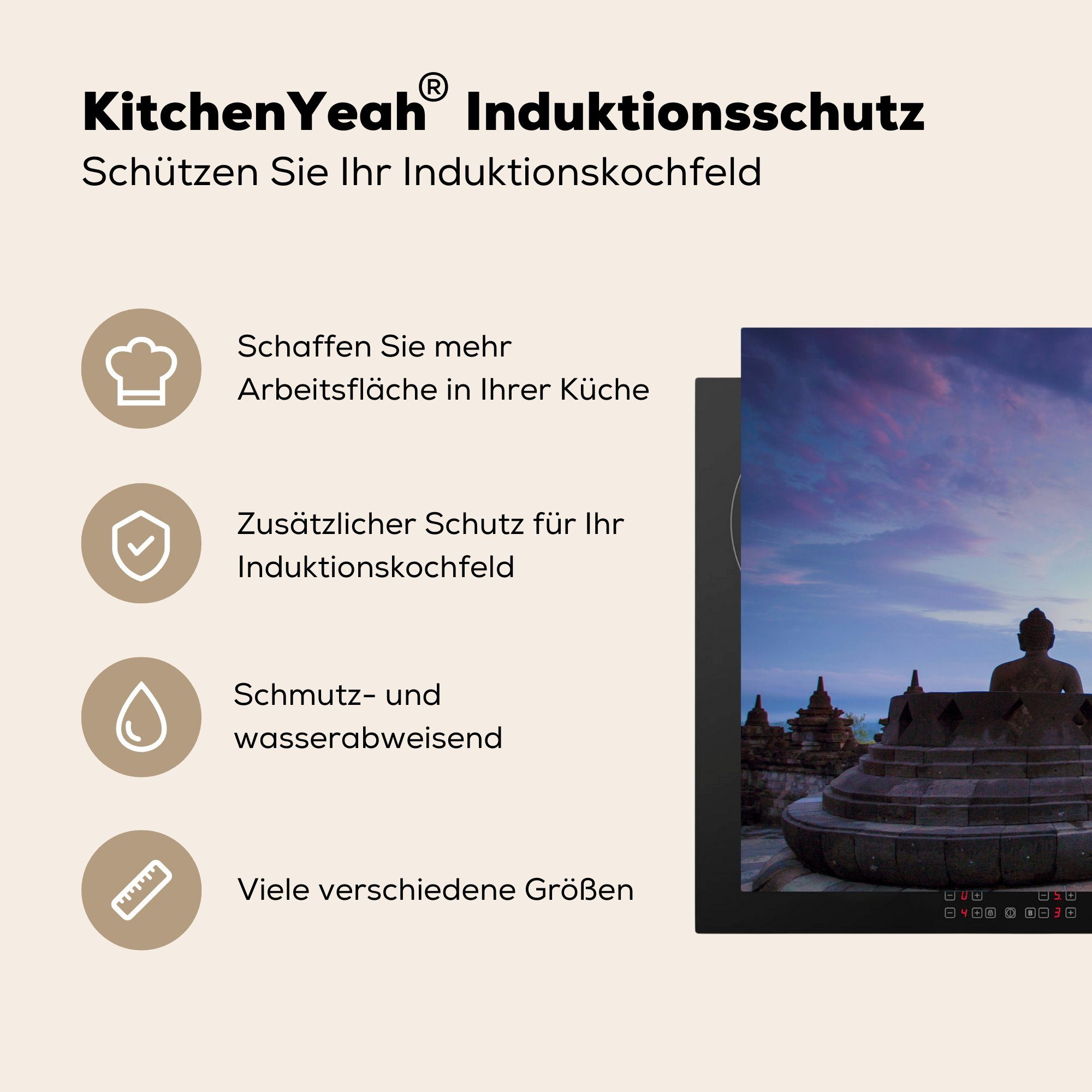 Morgenhimmel Vinyl, (1 küche, Borobudur, Herdblende-/Abdeckplatte Induktionskochfeld cm, für Schutz Ceranfeldabdeckung die tlg), Lila MuchoWow über 81x52