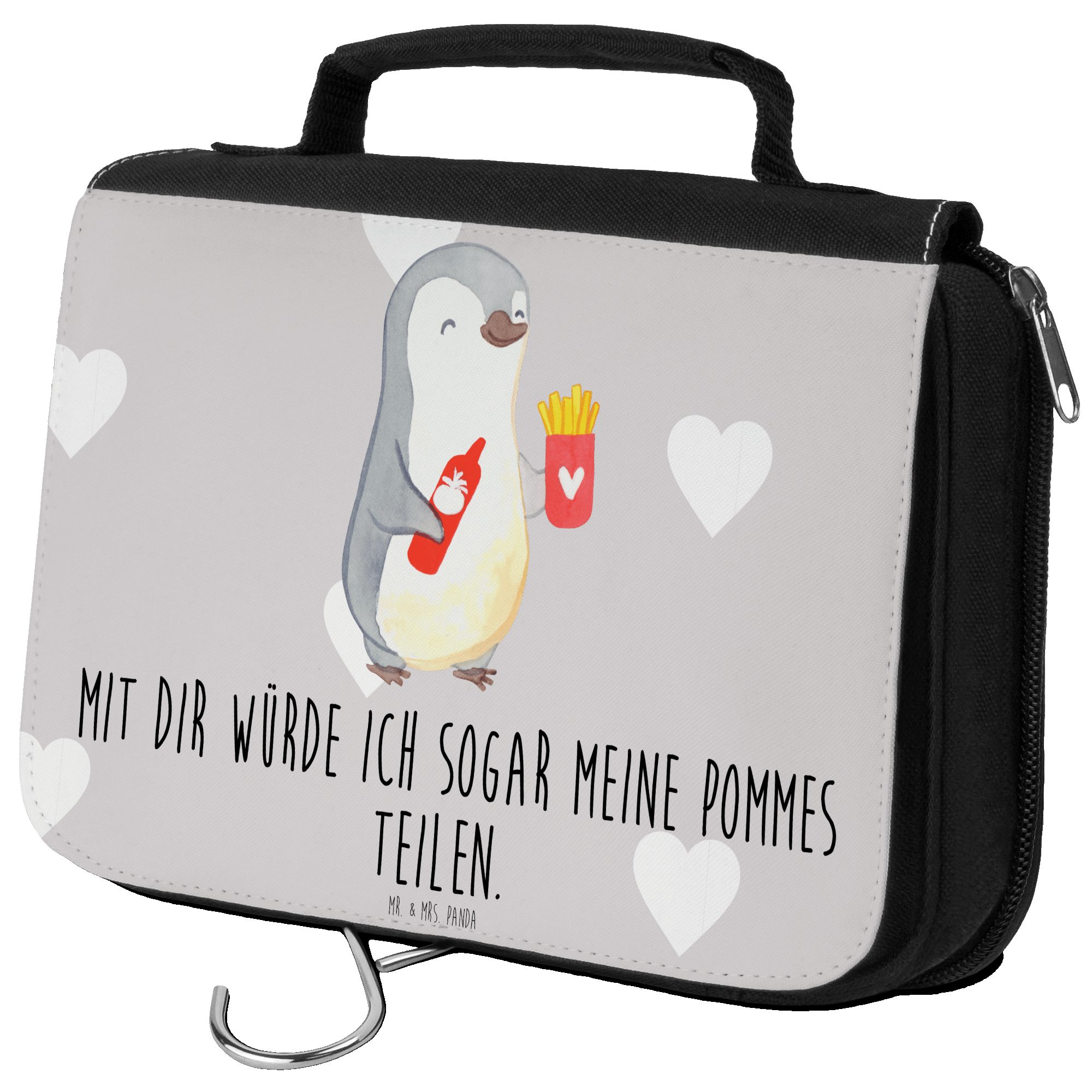 Mr. & Mrs. Panda Kulturbeutel Pinguin Pommes - Grau Pastell - Geschenk, Geschenk für Freundin, Aufb (1-tlg)