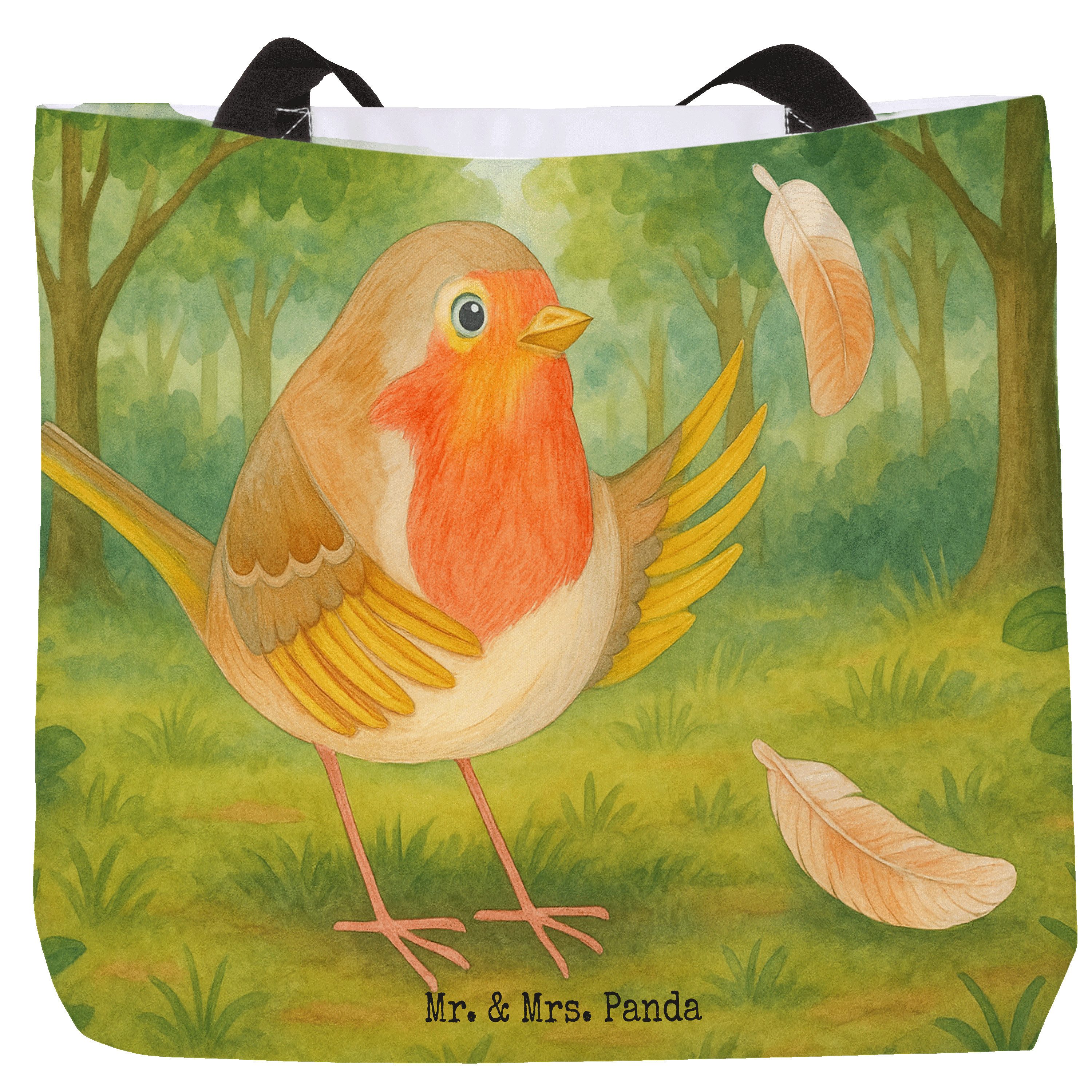Shopper Rotkehlchen Federn Design, Tote Bag, Weiß, Tasche, Spruch Mut, Schult