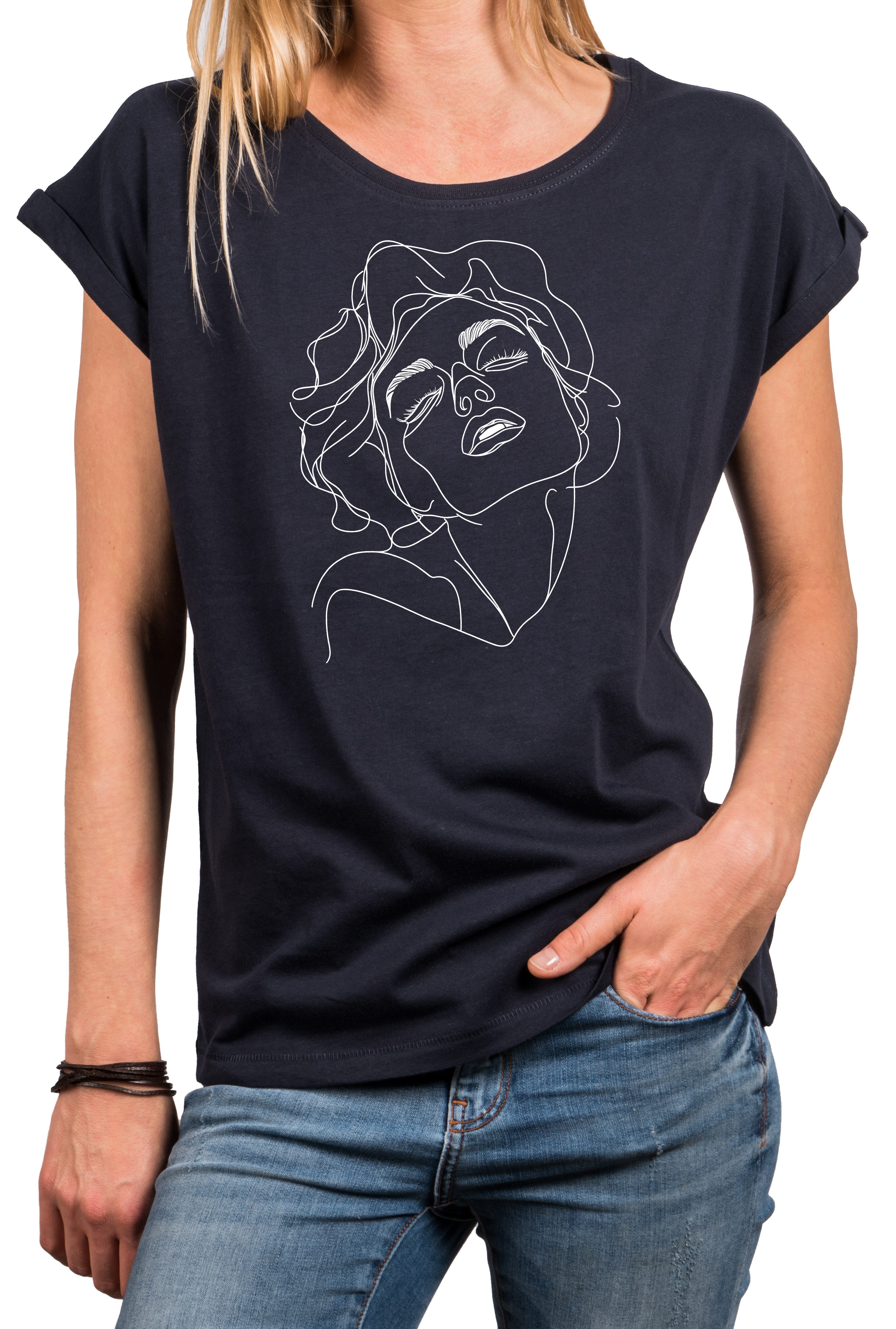 MAKAYA Print-Shirt mit Frauenmotiv Damen Top Frauenkopf Frauengesicht Frauenbild Marilyn (Schwarz, Blau, Grau, 36, 38, 40, 42, 44, 46, 48, 50) Baumwolle