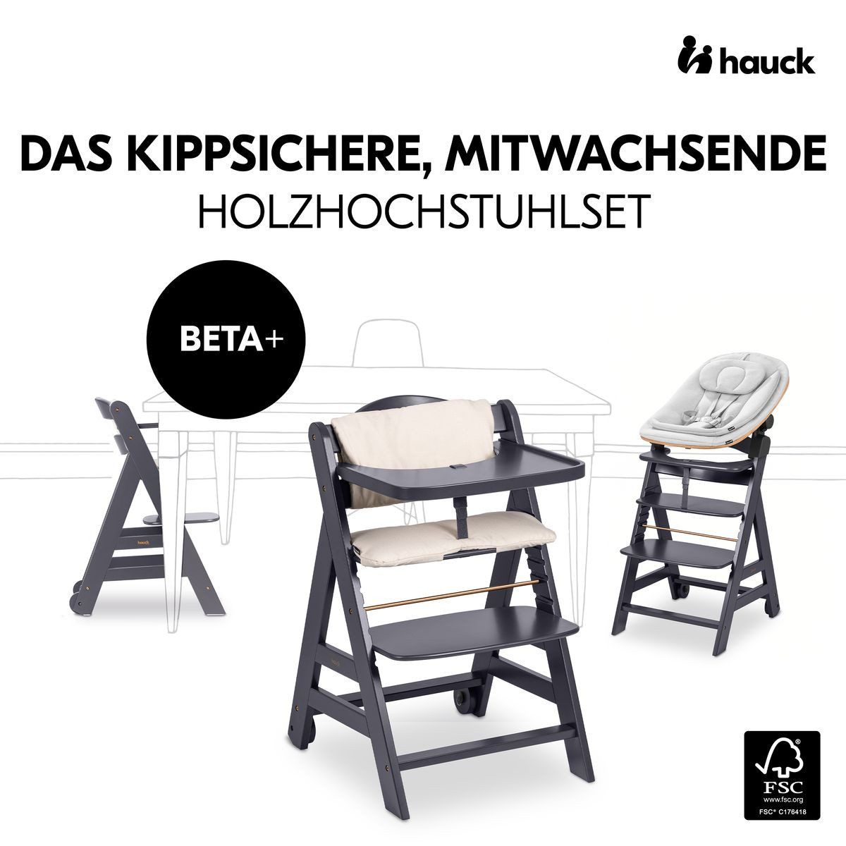 Hauck Hochstuhl Beta Plus Dark Grey Newbornset Eco - Light Grey (Set), Holz Babystuhl ab Geburt mit Neugeborenensufsatz, Sitzkissen, Essbrett