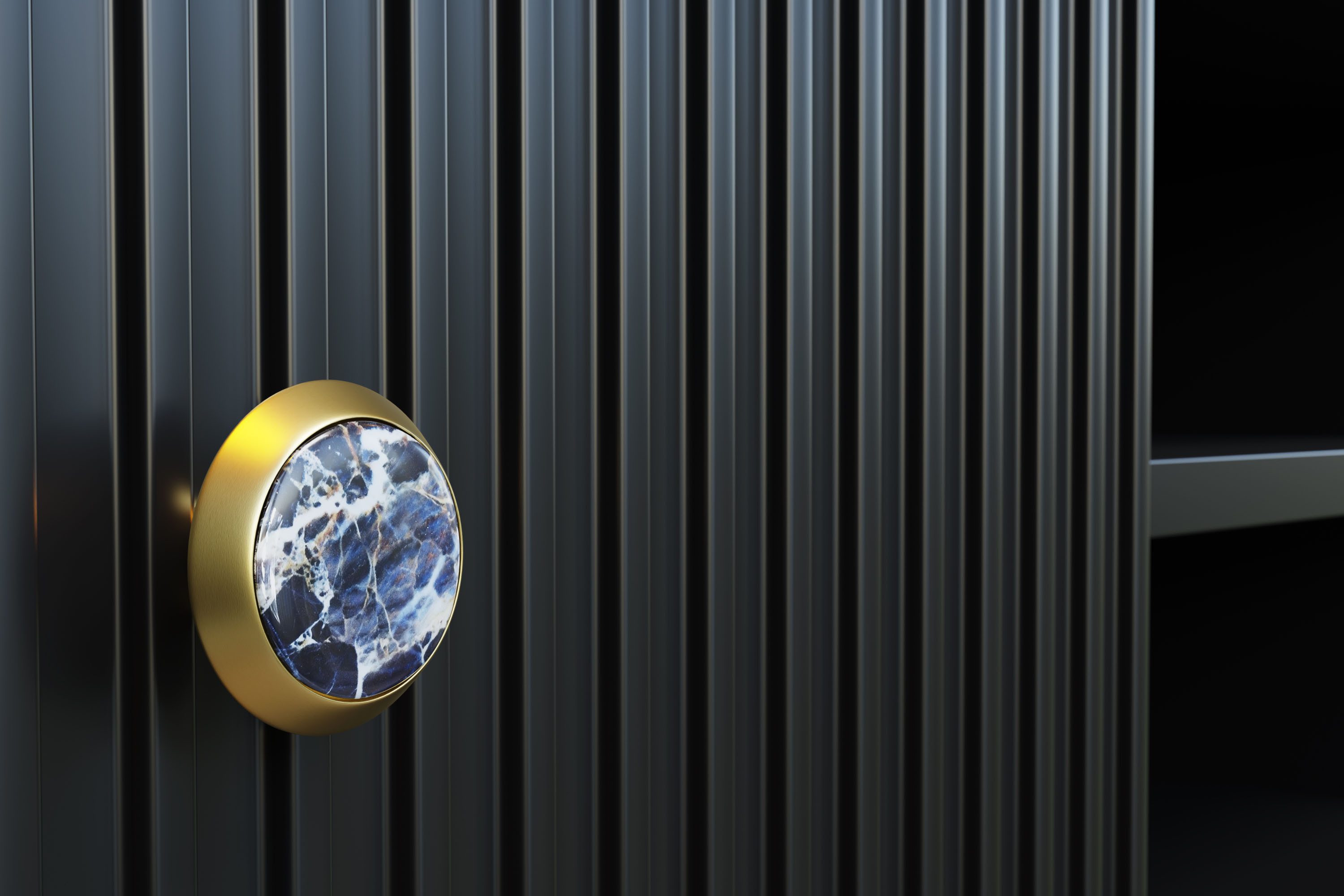 KONSIMO® Kommode EBIS Sideboard, Türkommode, Glamour, goldene Füße 15 cm, ABS-verstärkte Kanten, mit dekorativer Fräsung, Griffe mit Marmordekor