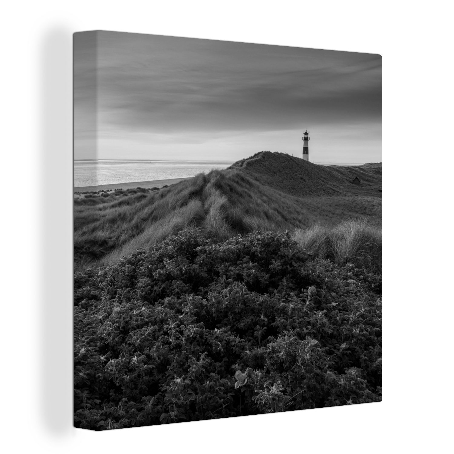 OneMillionCanvasses® Leinwandbild Wattenmeer - Schwarz - Weiß - Leuchtturm, (1 St), Leinwand Bilder für Wohnzimmer Schlafzimmer