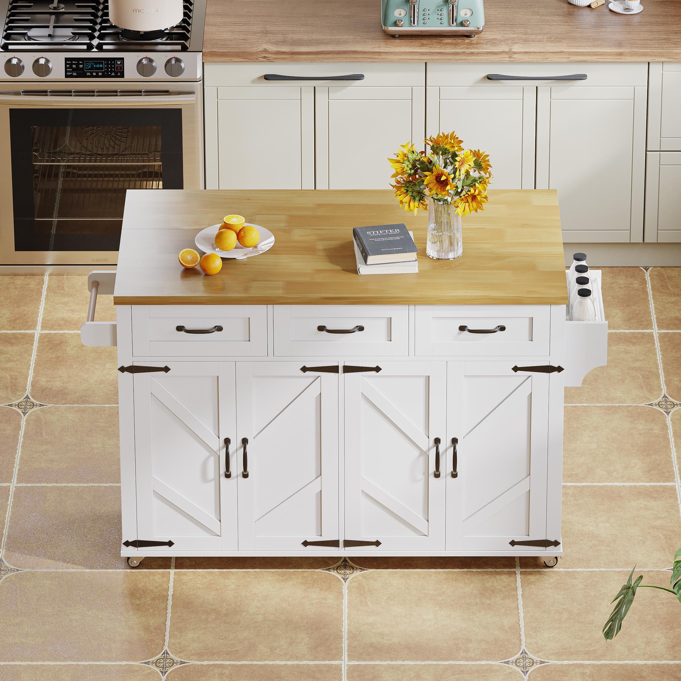 Odikalo Kücheninsel mit Arbeitsplatte, Küchenwagen Servierwagen, (Kücheninsel mit klappbarer Arbeitsplatte, ausgestattet mit 5 feststellbaren Rollen, 4 Türen, 3 Schubladen, Türregal, doppelseitigen Handtuchhaltern, Scheunenstil-Design, Weiß, 140x43(70)x90.5 cm)