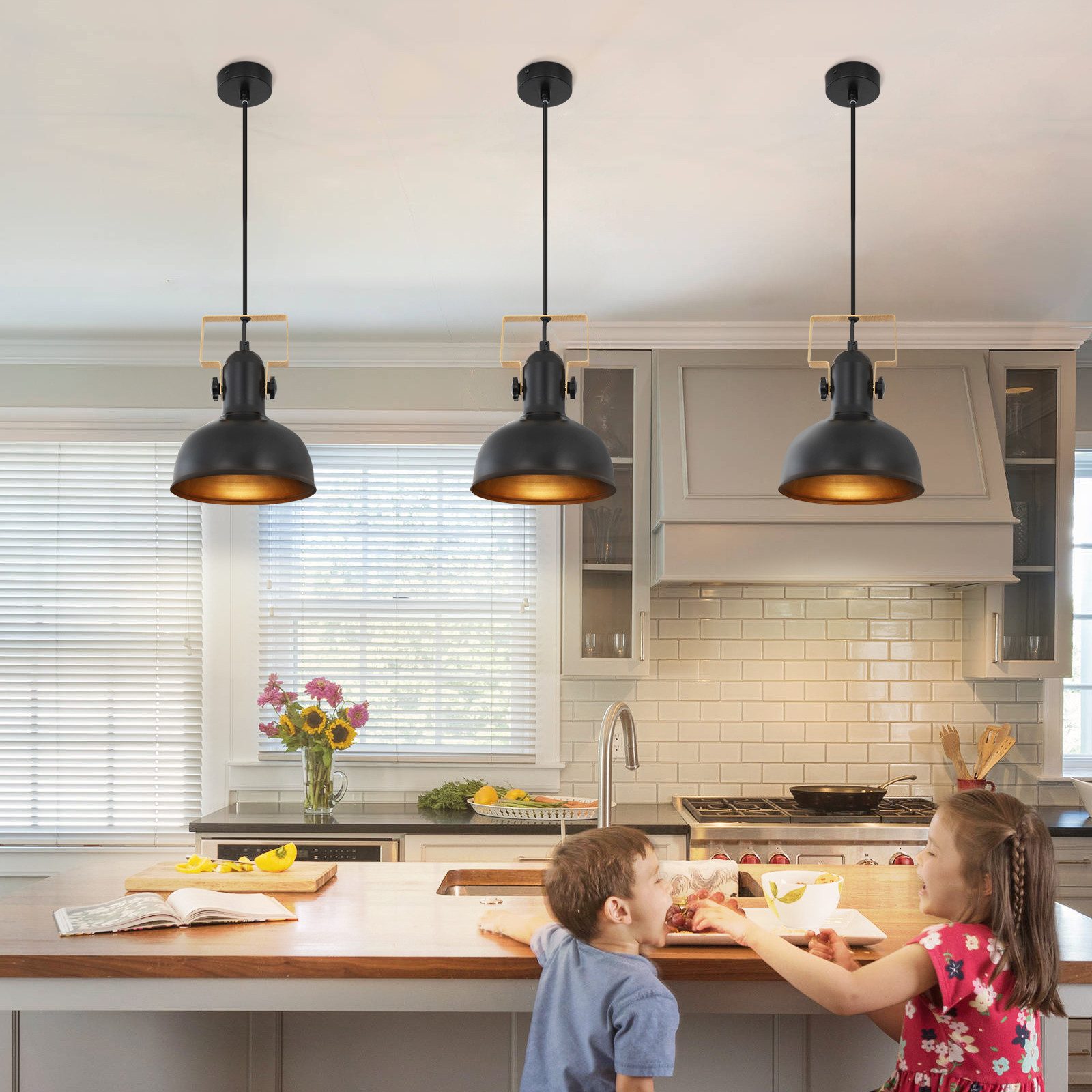ZMH Pendelleuchte Eisen Schwarz E27 1/3-flammig höhenverstellbar für Esszimmer, 1-flammig, ohne Leuchtmittel, E27-Fassung, 25 W, ohne Leuchtmittel, Industrial – Bild 5 von 5