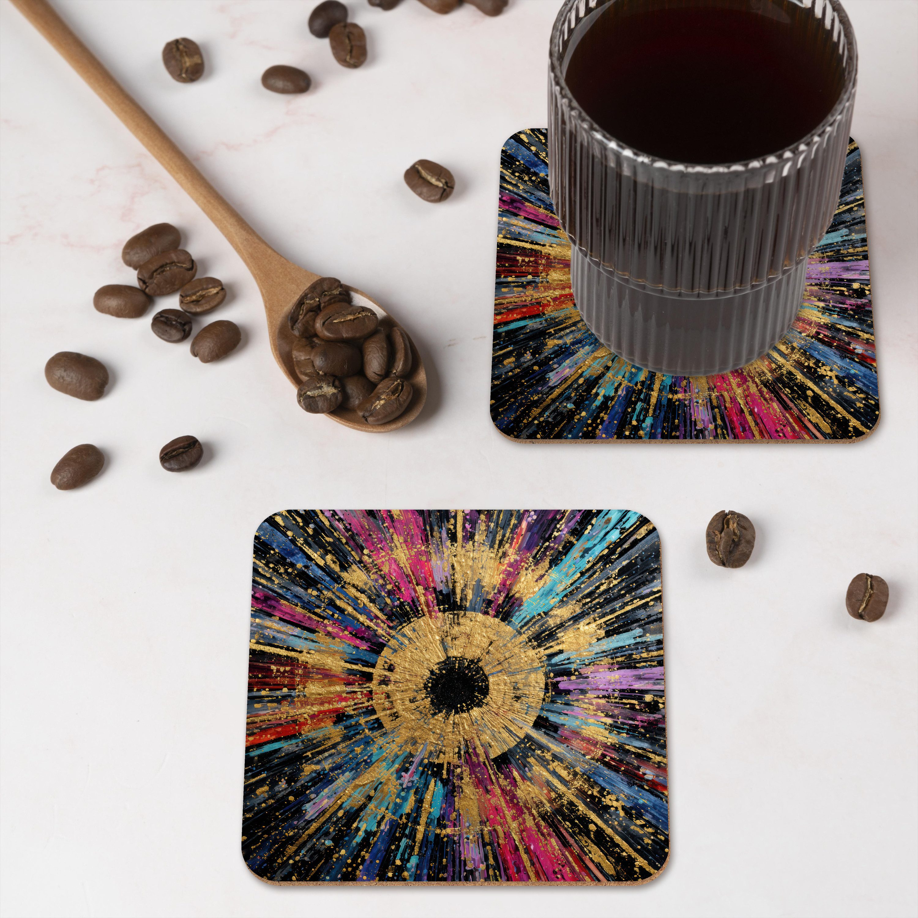 MuchoWow Glasuntersetzer Explosion - Gold - Bunt - Abstrakt, Zubehör für Gläser, 6-tlg., Tassenuntersetzer Kork, Quadrat, Untersetzer Set Gläser, 10x10 cm