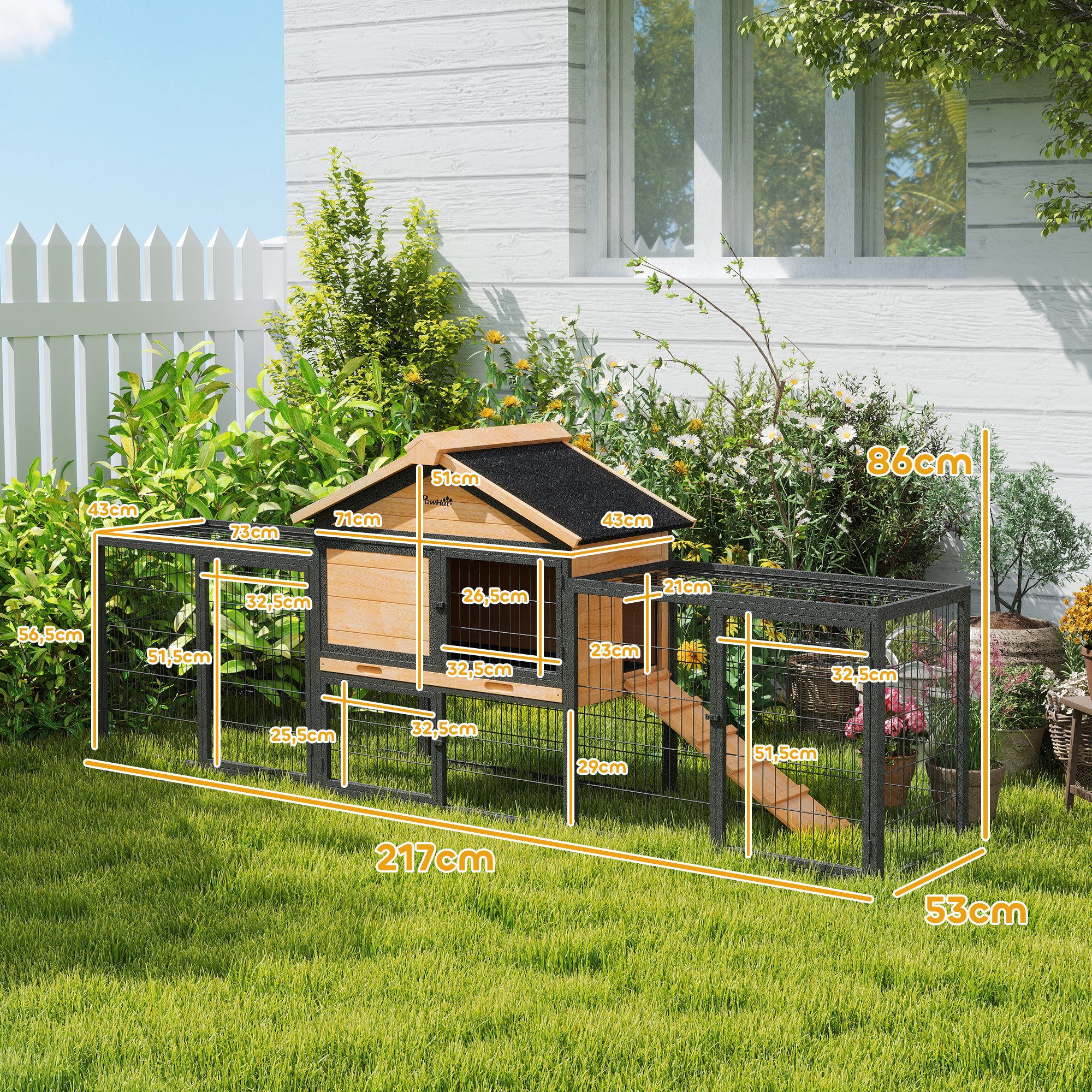PawHut Kleintierstall 2 Ebenen, mit Satteldach, Freilaufgeheg, aus Vollholz, 217 x 53 x 86 cm, Outdoor, für Hasen, Kaninchen, Gelb