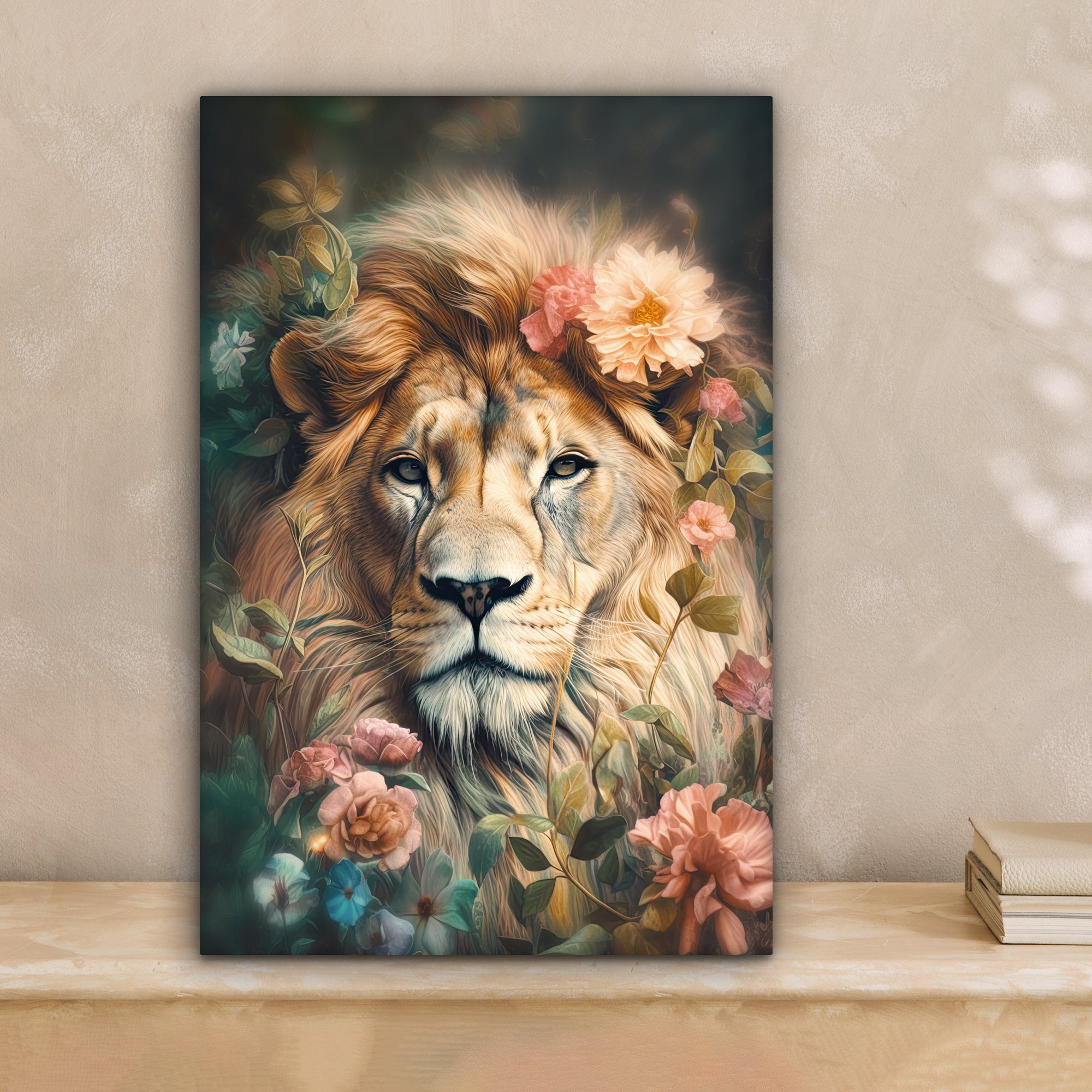 OneMillionCanvasses® Leinwandbild Löwe - Löwenkopf - Wilde Tiere - Blumen, günstig online kaufen