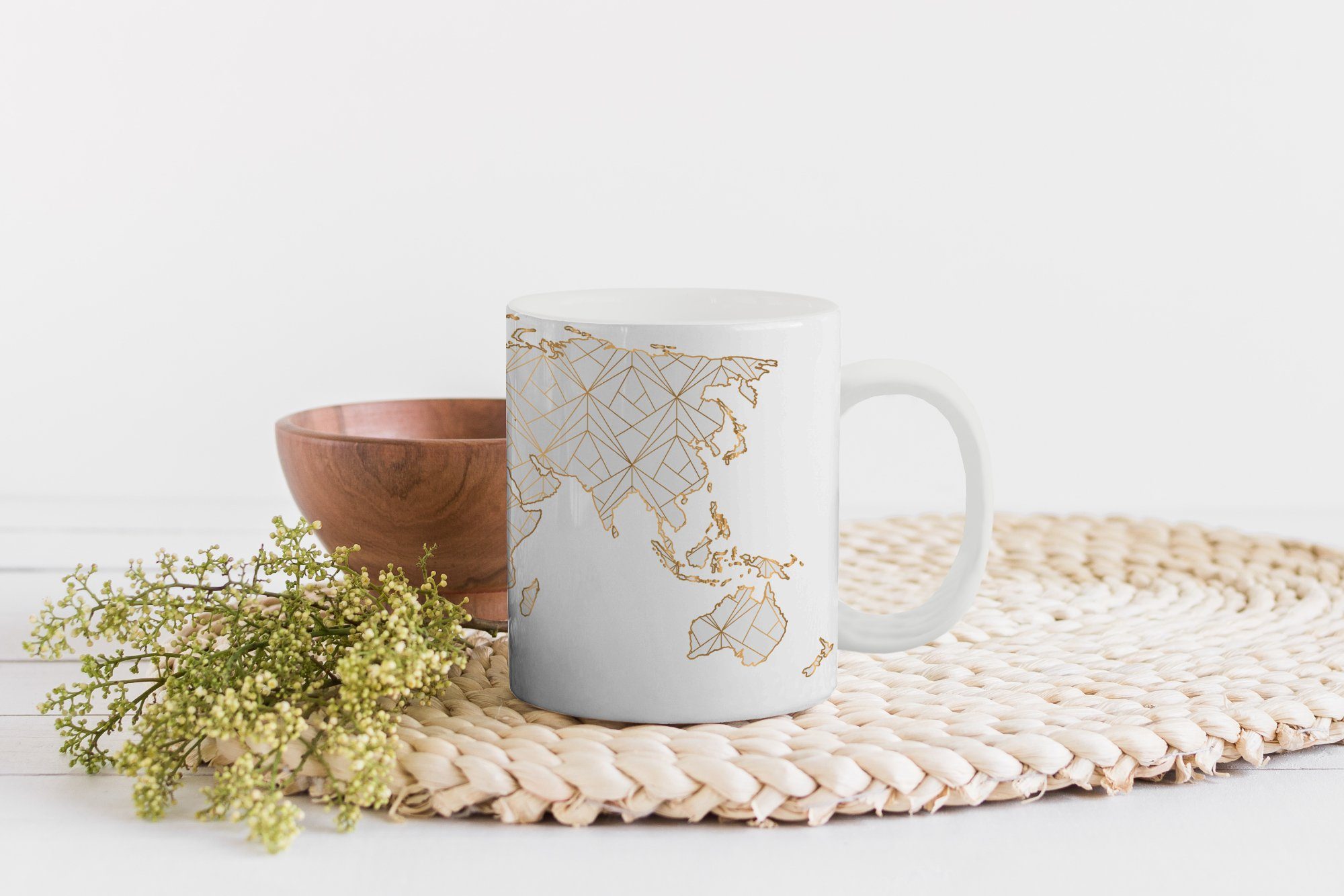 Gold, Becher, Kaffeetassen, MuchoWow Tasse Keramik, - Weltkarte Teetasse, Geschenk - Linien Teetasse,