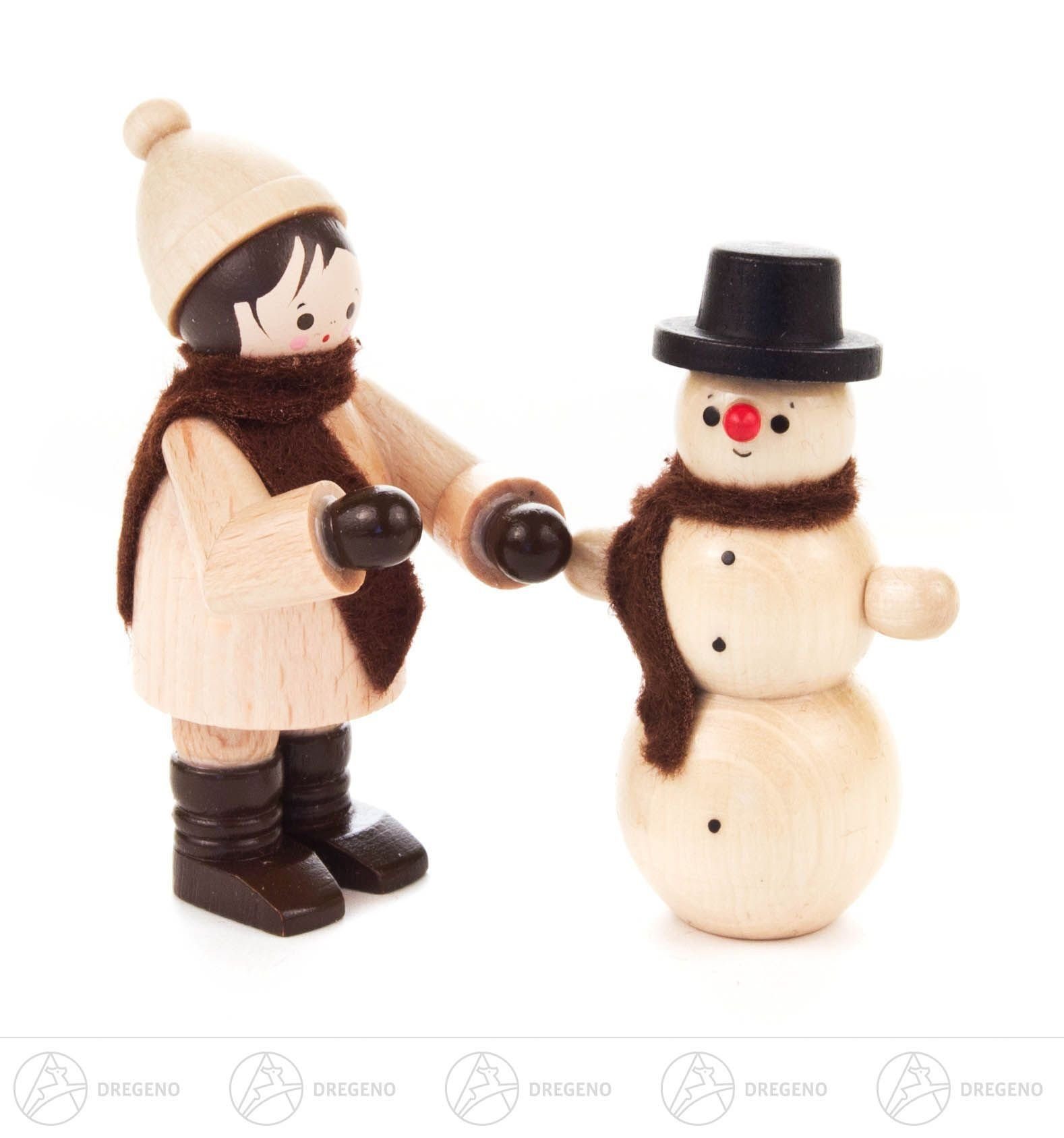 Dregeno Erzgebirge Weihnachtsfigur Miniatur Schneemannbauer mit Schneemann natur (2) Höhe ca 6 cm NEU