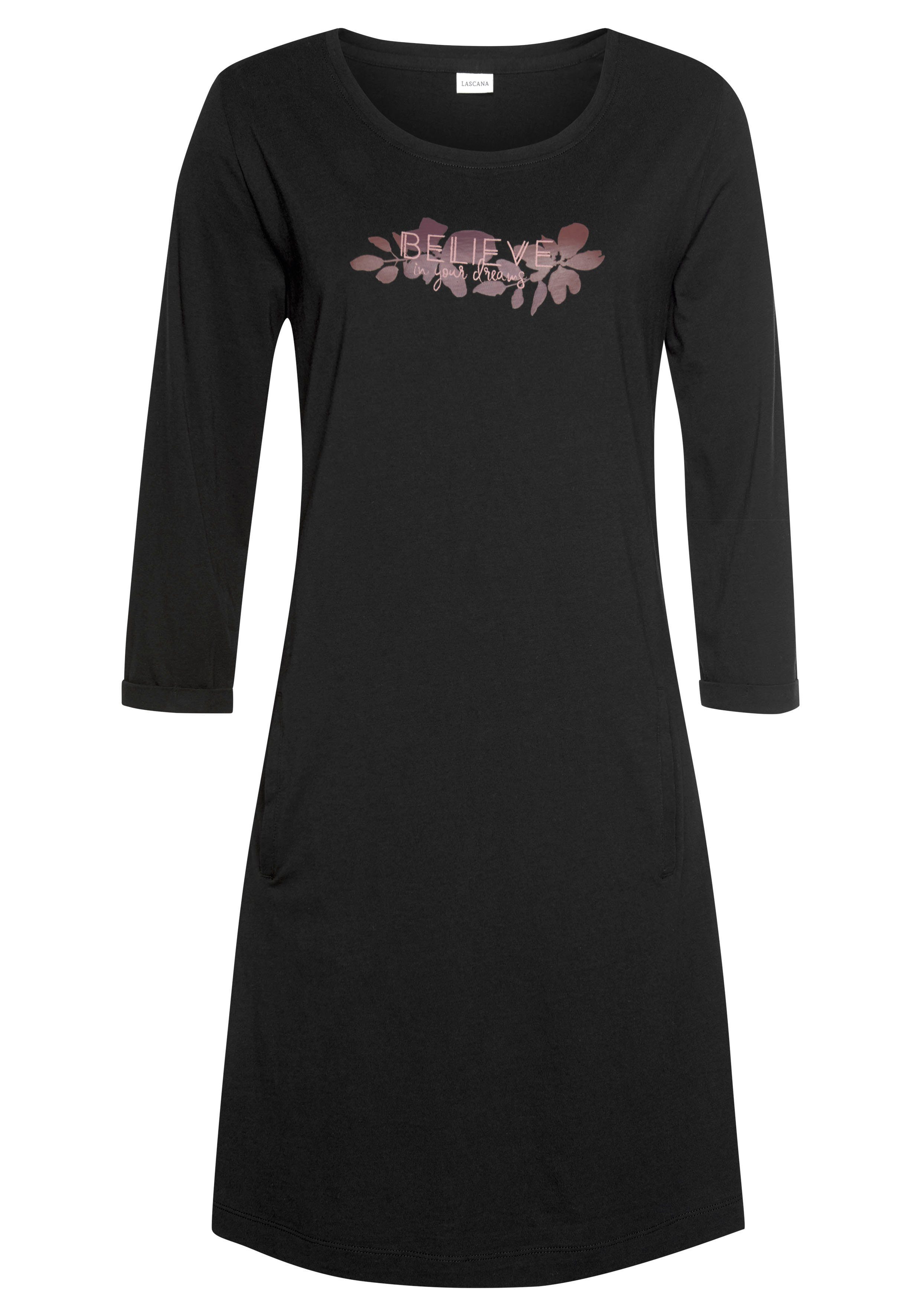 LASCANA Sleepshirt 3/4-Ärmeln und schwarz-violett mit kleinem Frontprint