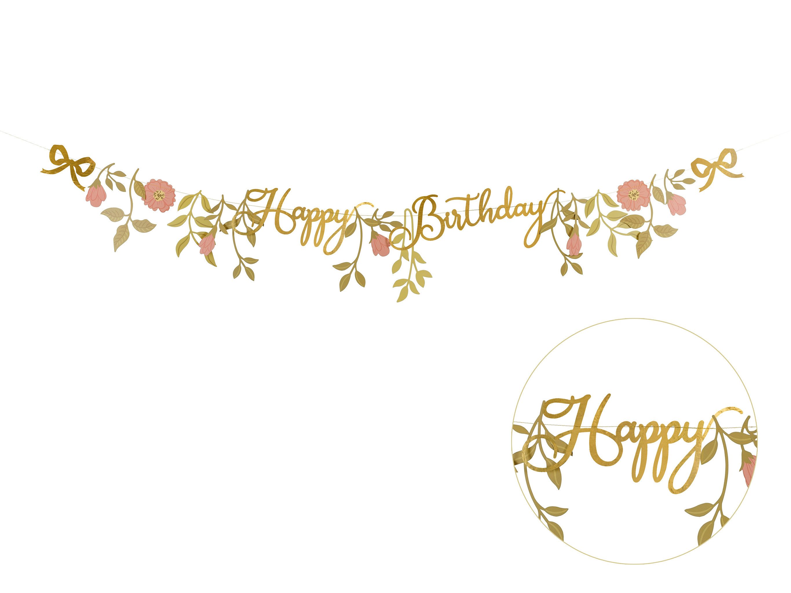 partydeco Girlande, Happy Birthday Girlande 130x18cm Blumen Banner Gold / Rosa