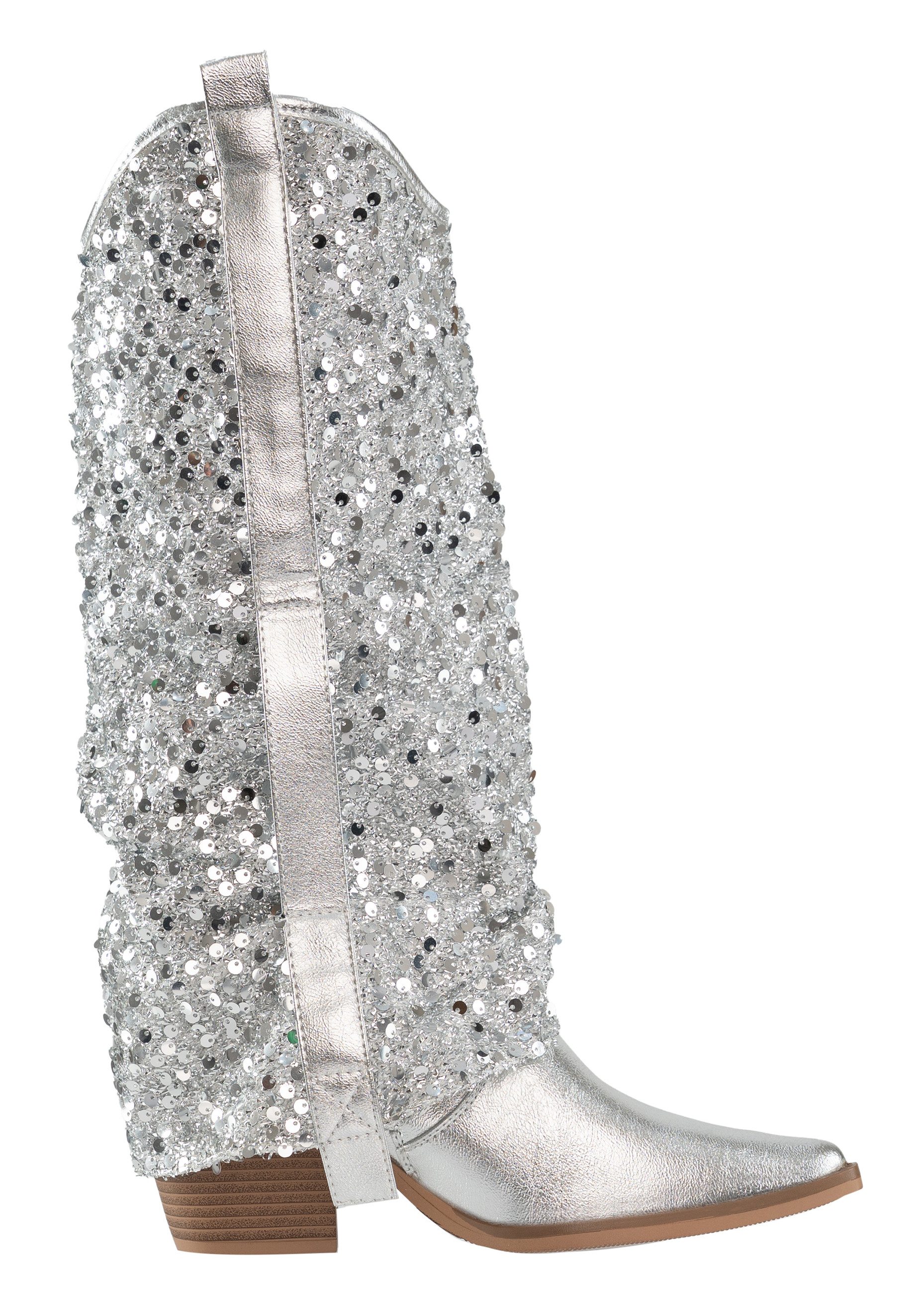 Salinyang Pailletten Stiefel Damen Cowboy Boots Kunstleder Stiefel Glitzer Look Stiefel